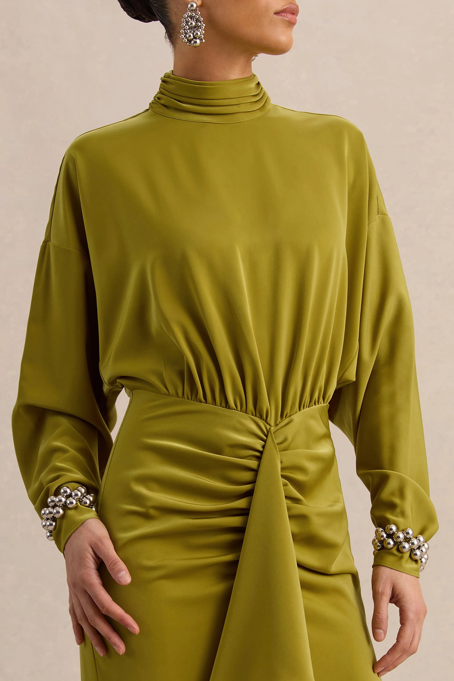 Perla Olive High-Neck Maxi Dress With Gathered-Detailing