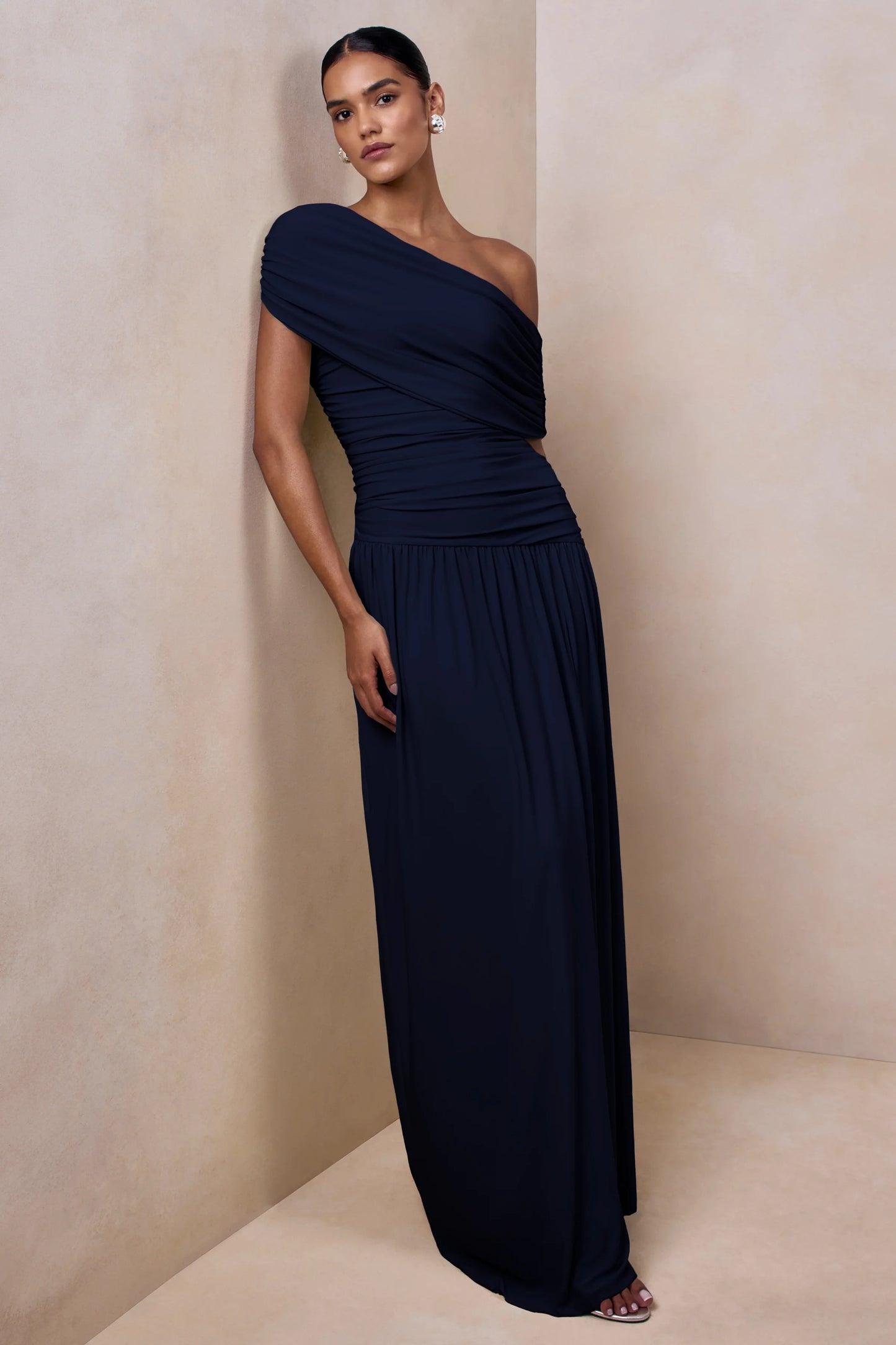 Emberly Navy Draped Asymmetric-Neck Maxi Dress With Drop-Waist