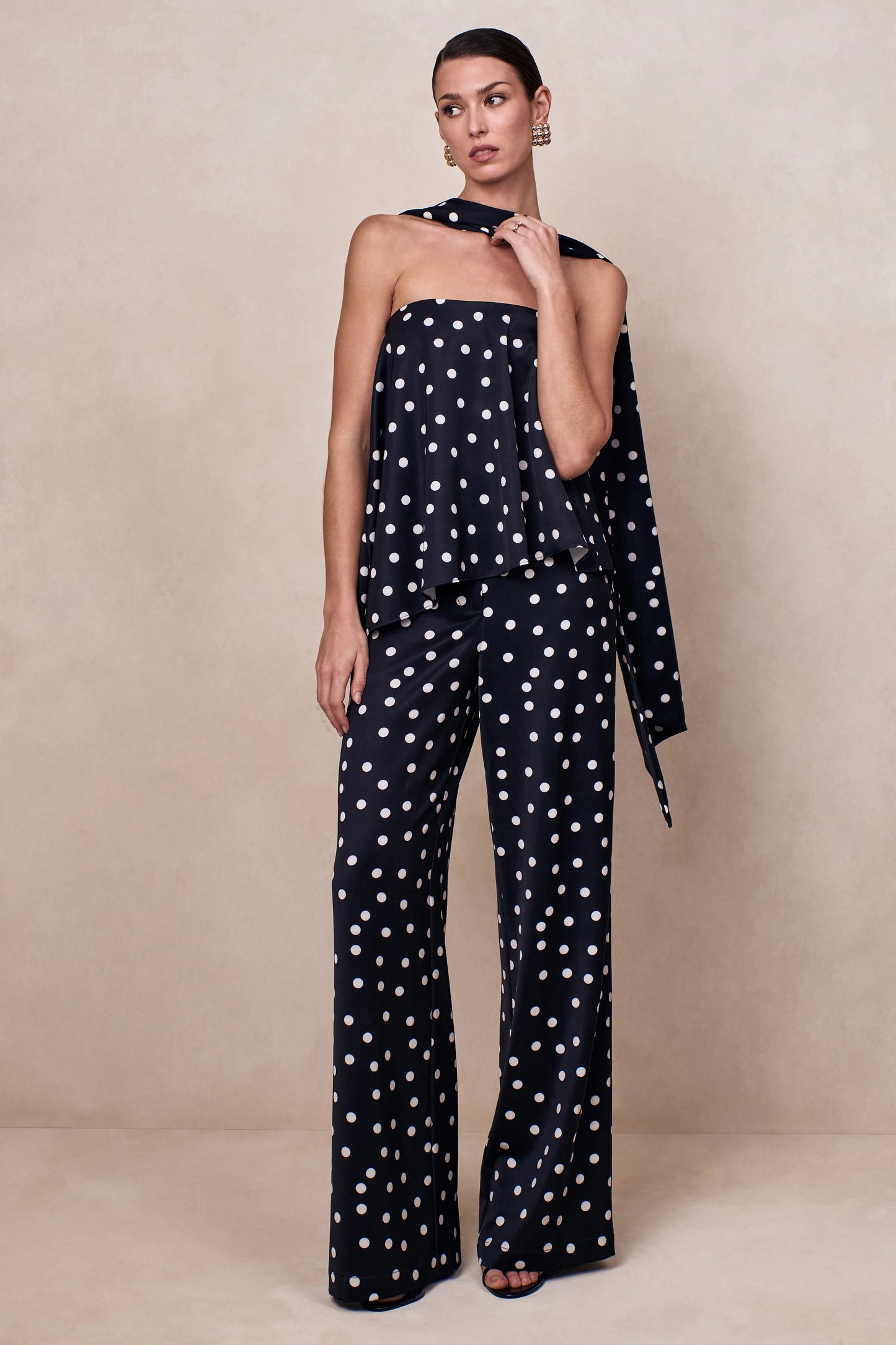 Evandra Black & White Satin Polka Dot Bandeau Top With Scarf