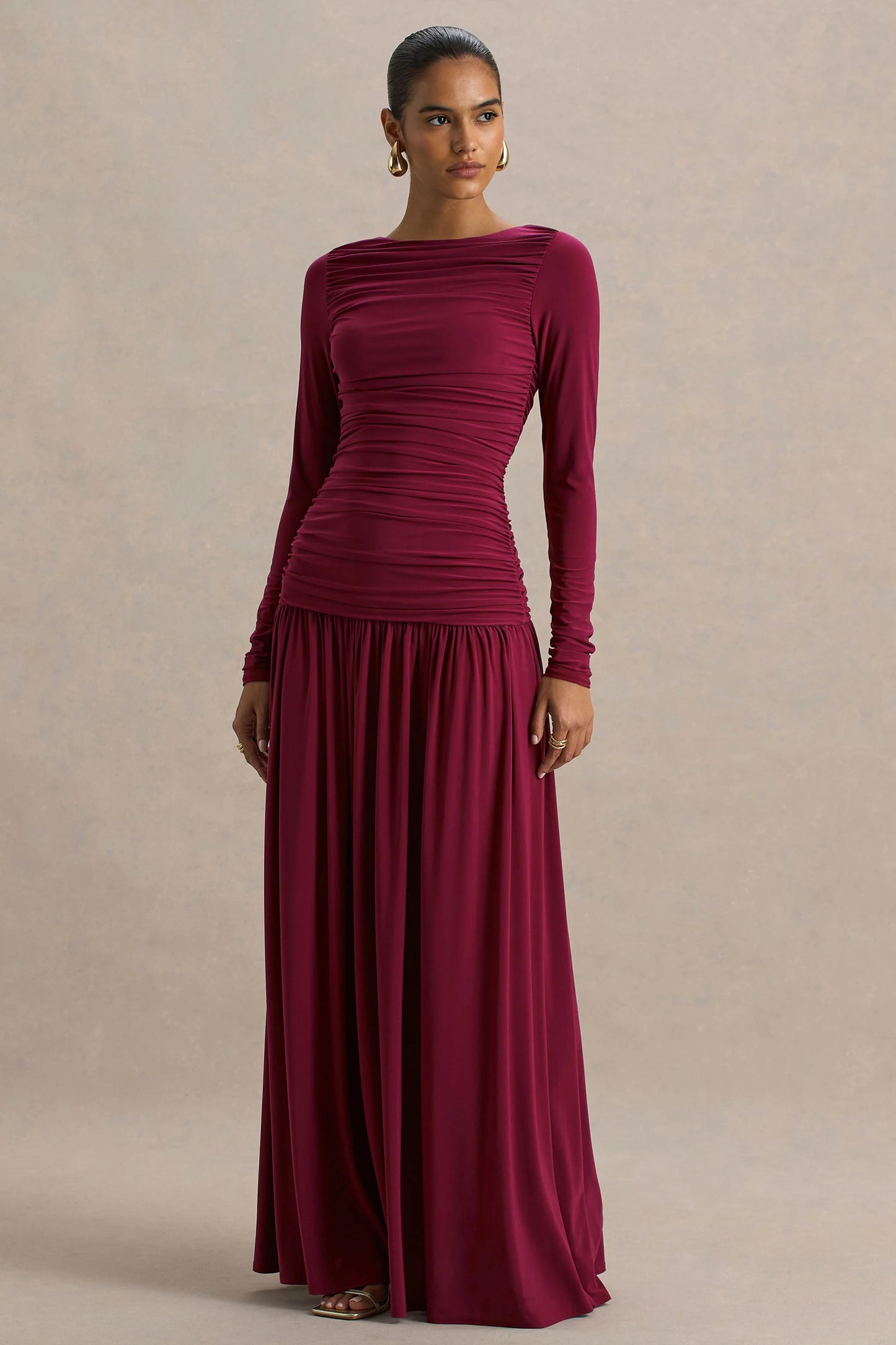Aniyah Burgundy Slashed-Neck Maxi Dress With Ruched Detailing