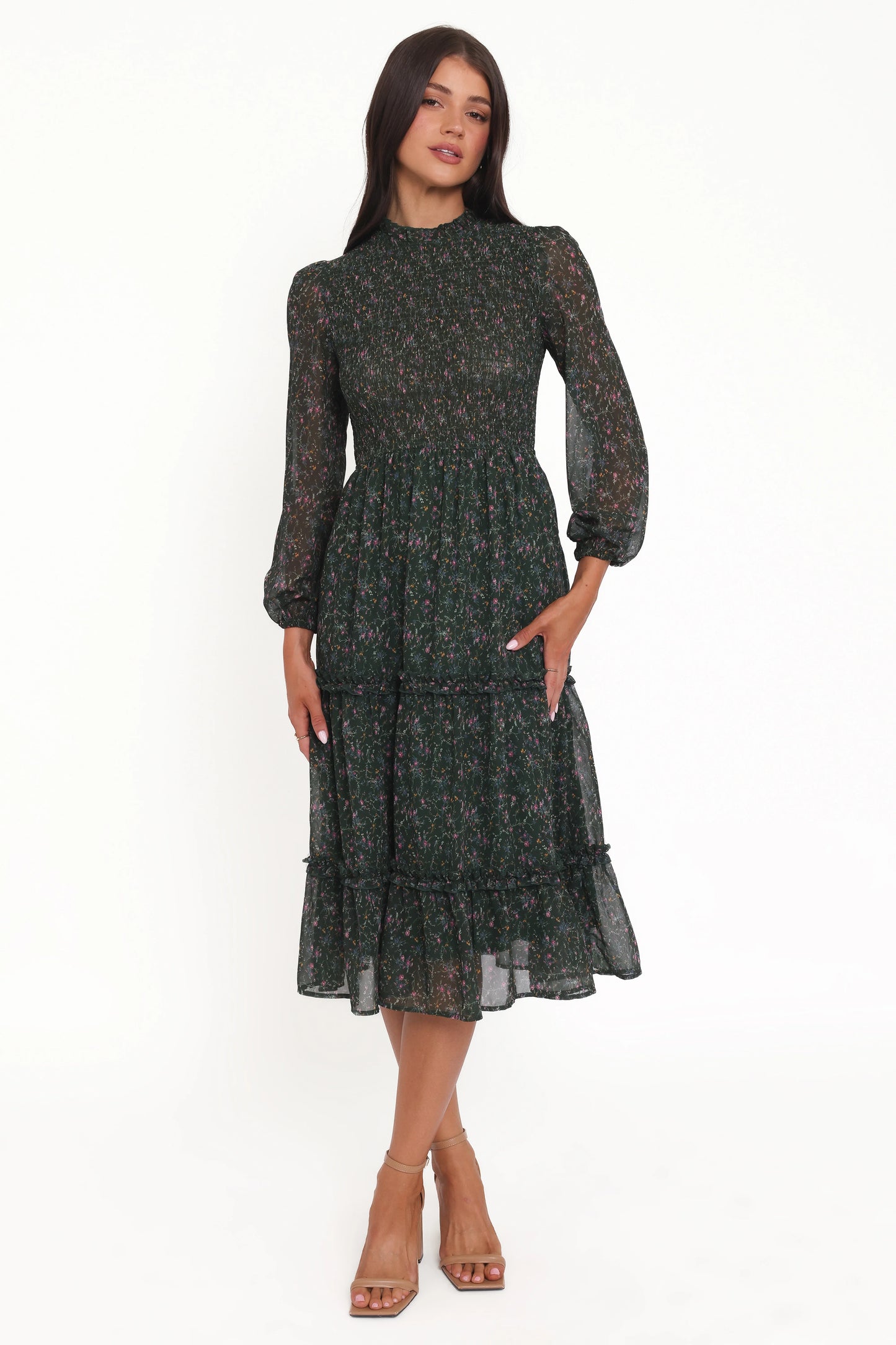 Edwina Shirred Frill Long Sleeve Midi Dress - Olive Floral
