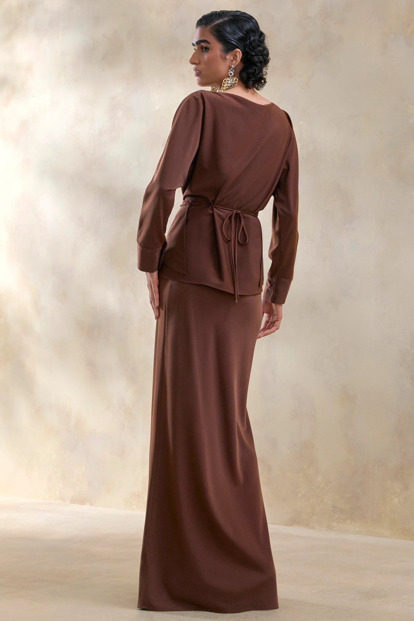 Elaria Brown Satin Maxi-Skirt