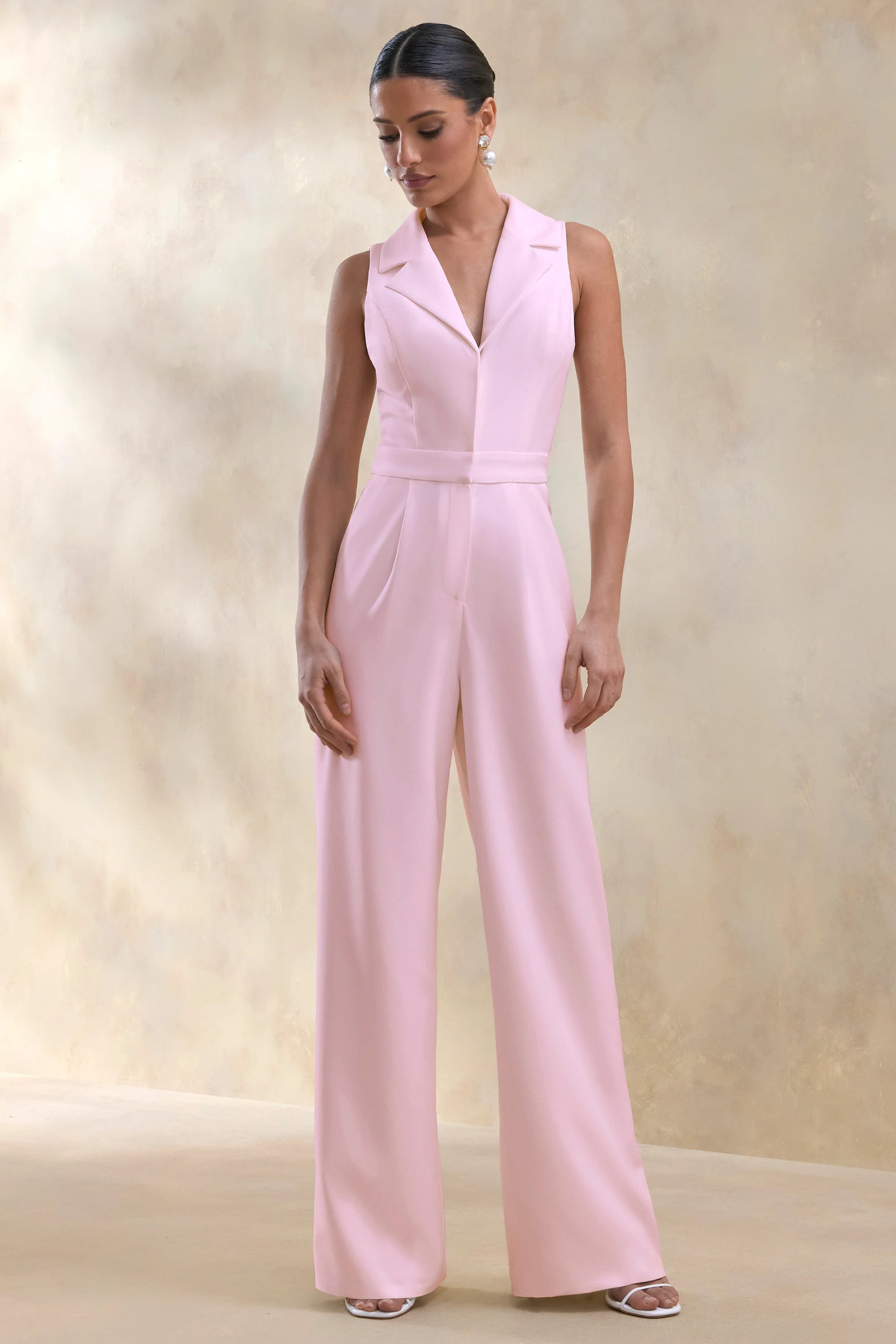 Brillora Light Pink Plunge-Neck Tailored Jumpsuit
