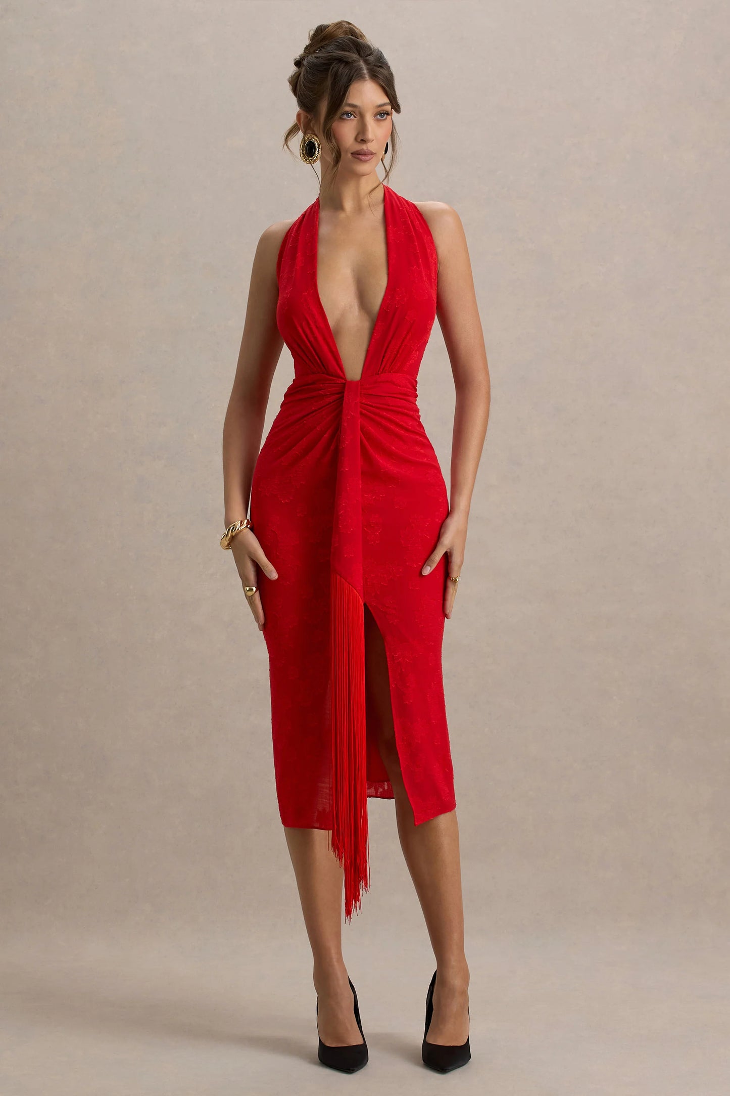 Auria Red Satin Devore Plunge-Neck Midi Dress With Fringe Details