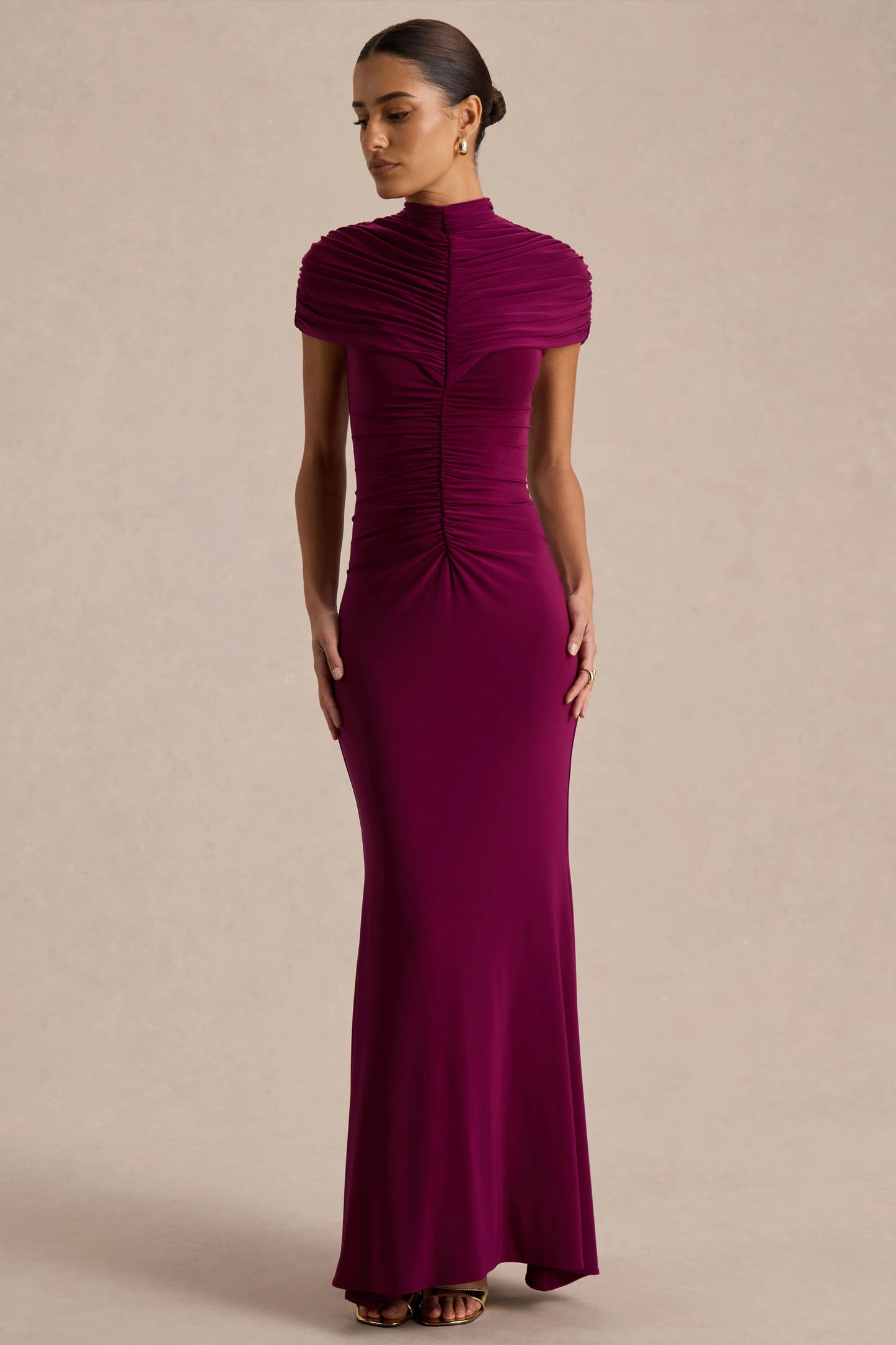 Azaria Burgundy High-Neck Maxi Dress With Ruched Detailing