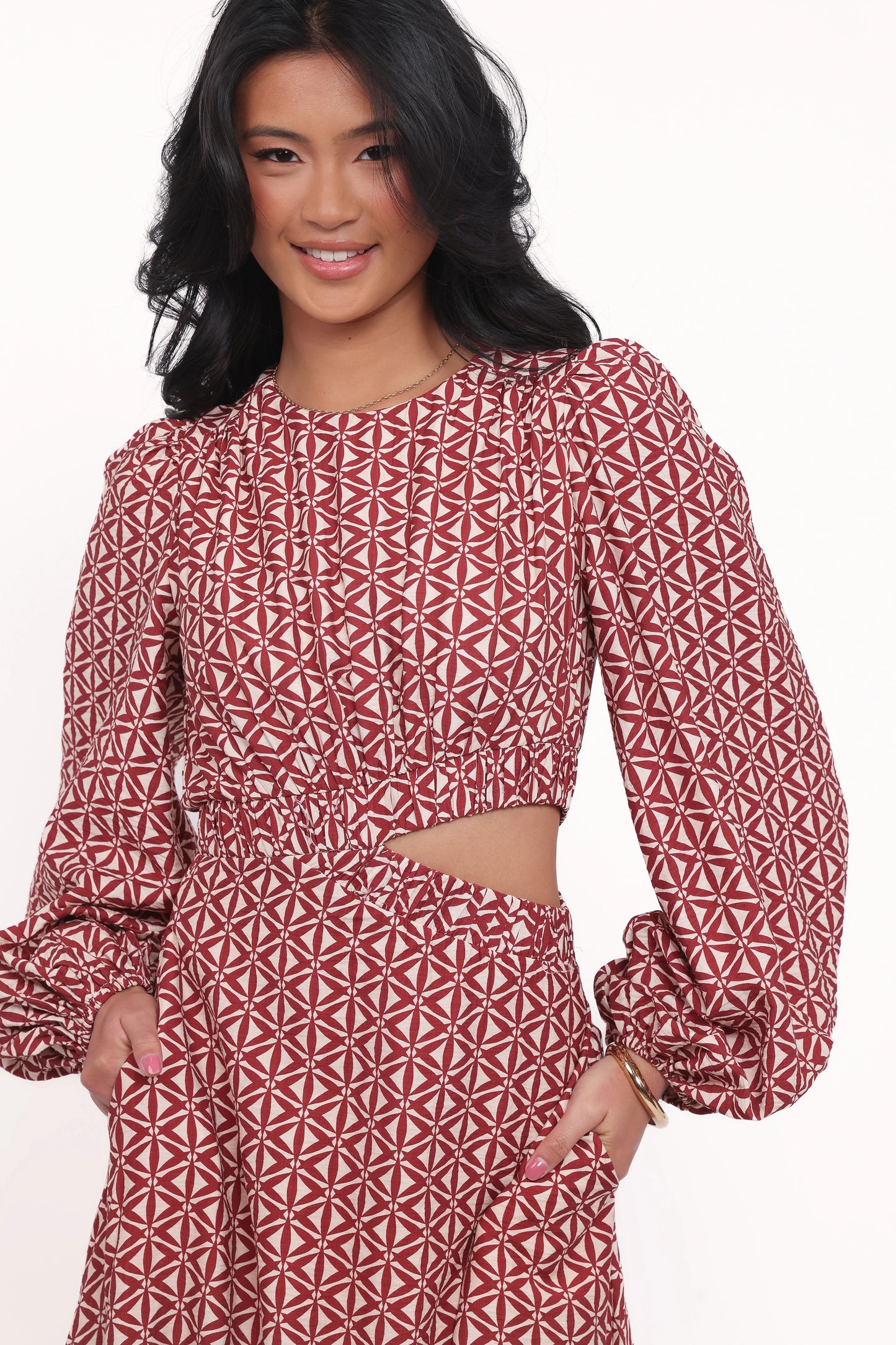 Ginnee Puff Sleeve Cutout Midi Dress - Brown Geo
