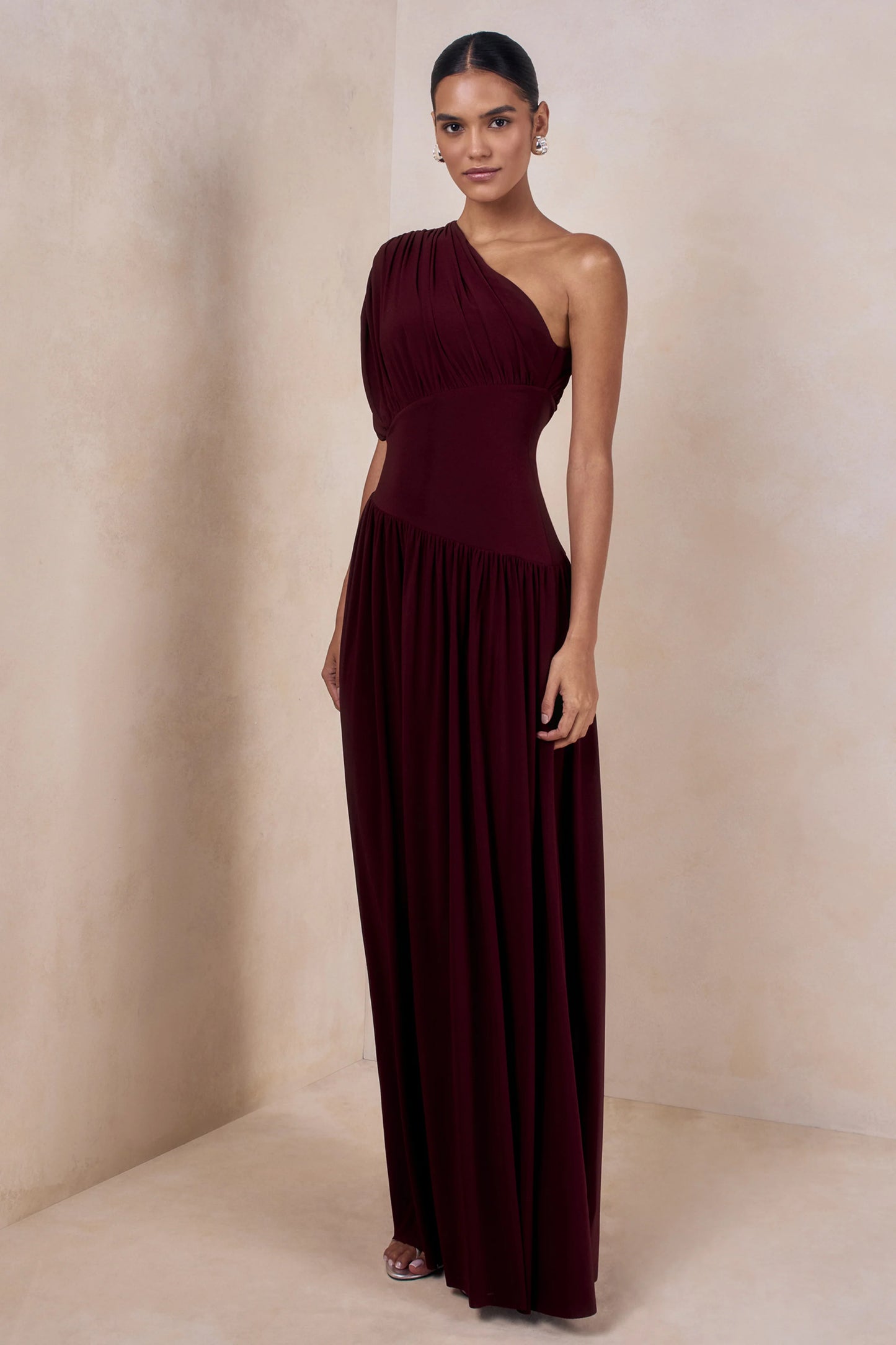 Kelsey Burgundy Asymmetric-Neck Maxi Dress With Ruched Detailing