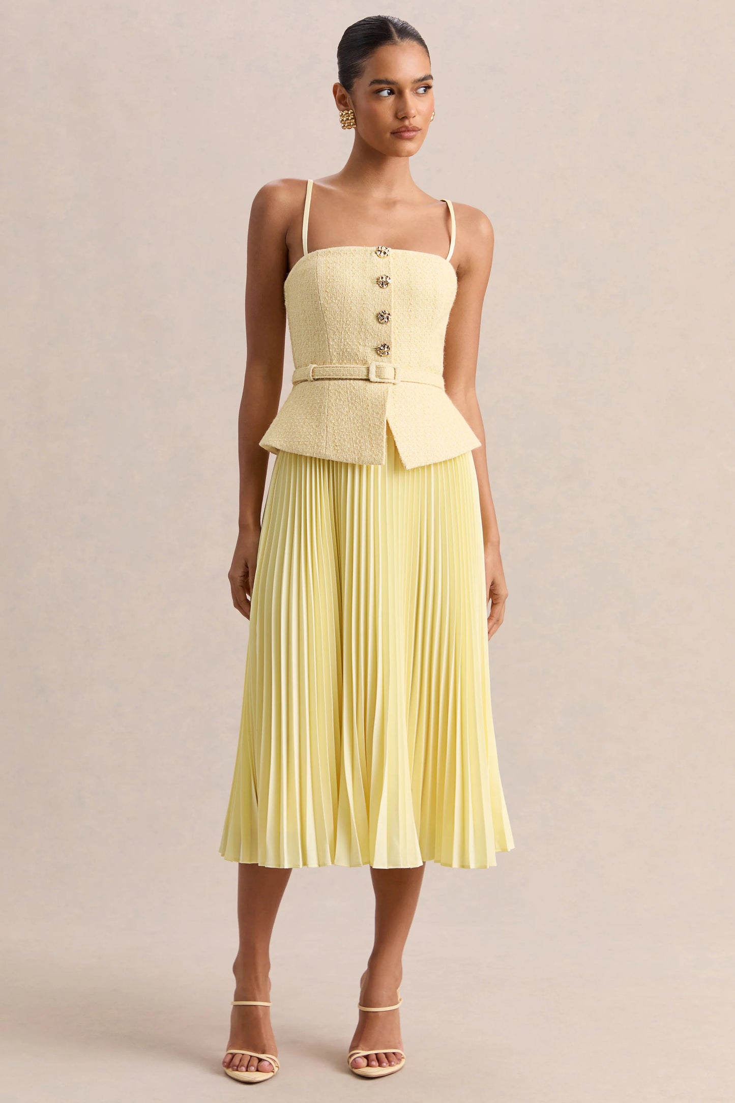 Lizzy Lemon Square-Neck Midi Dress With Pleated-Skirt