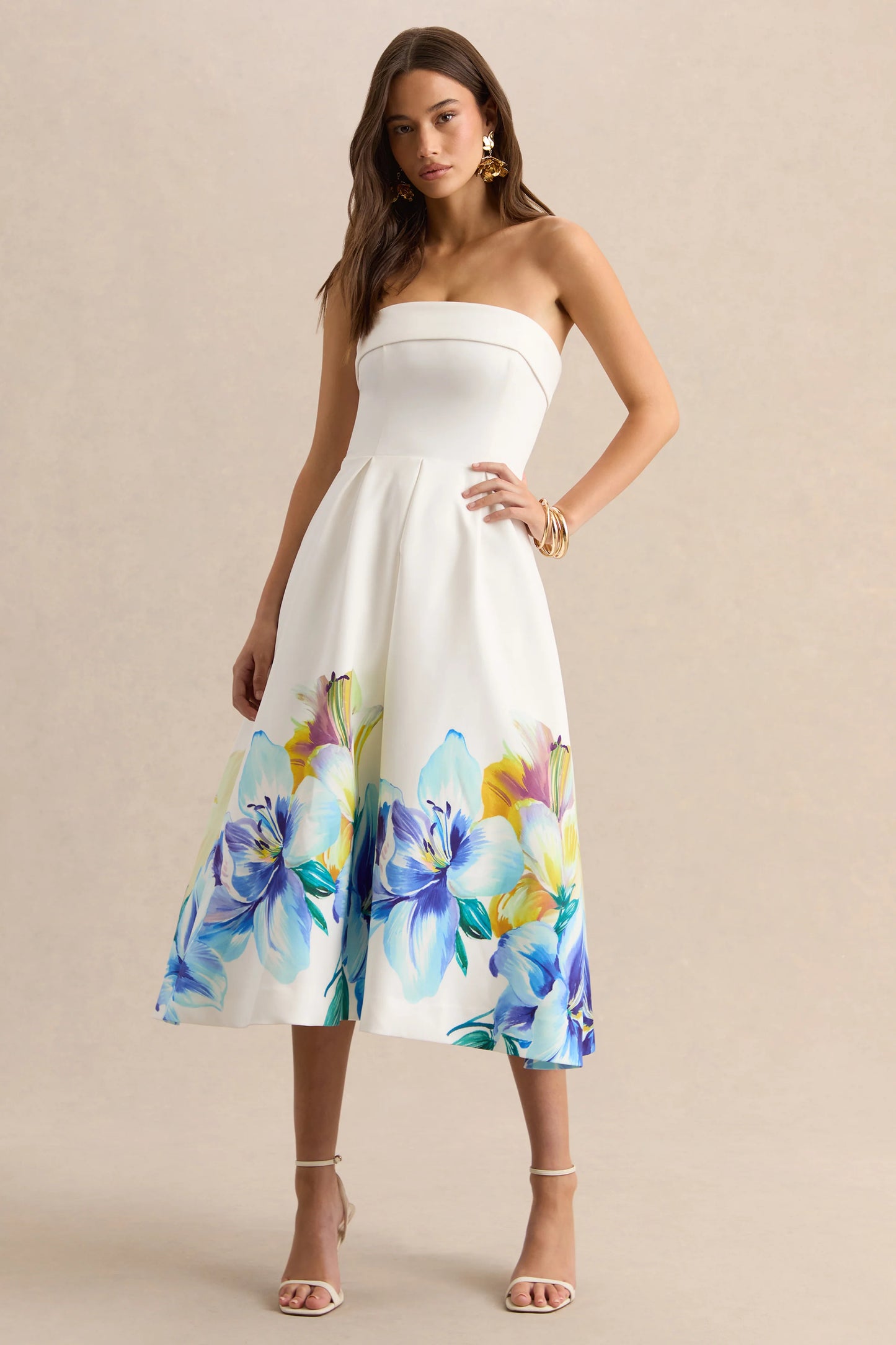 Annalise Blue And Yellow Floral Border Print Bandeau Skater Midi Dress