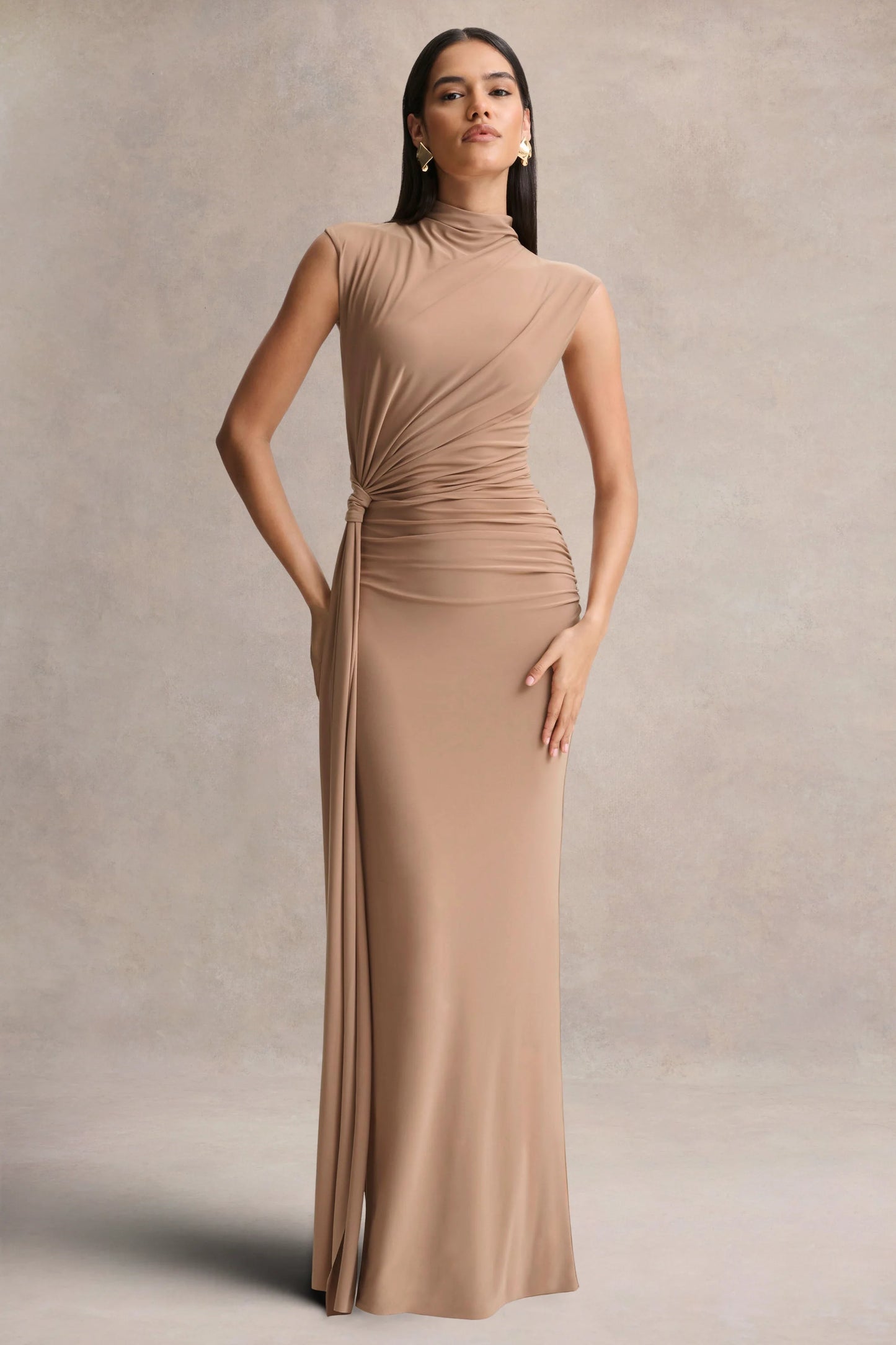 Solene Brown High-Neck Maxi Dress With Wrap And Drape Detail