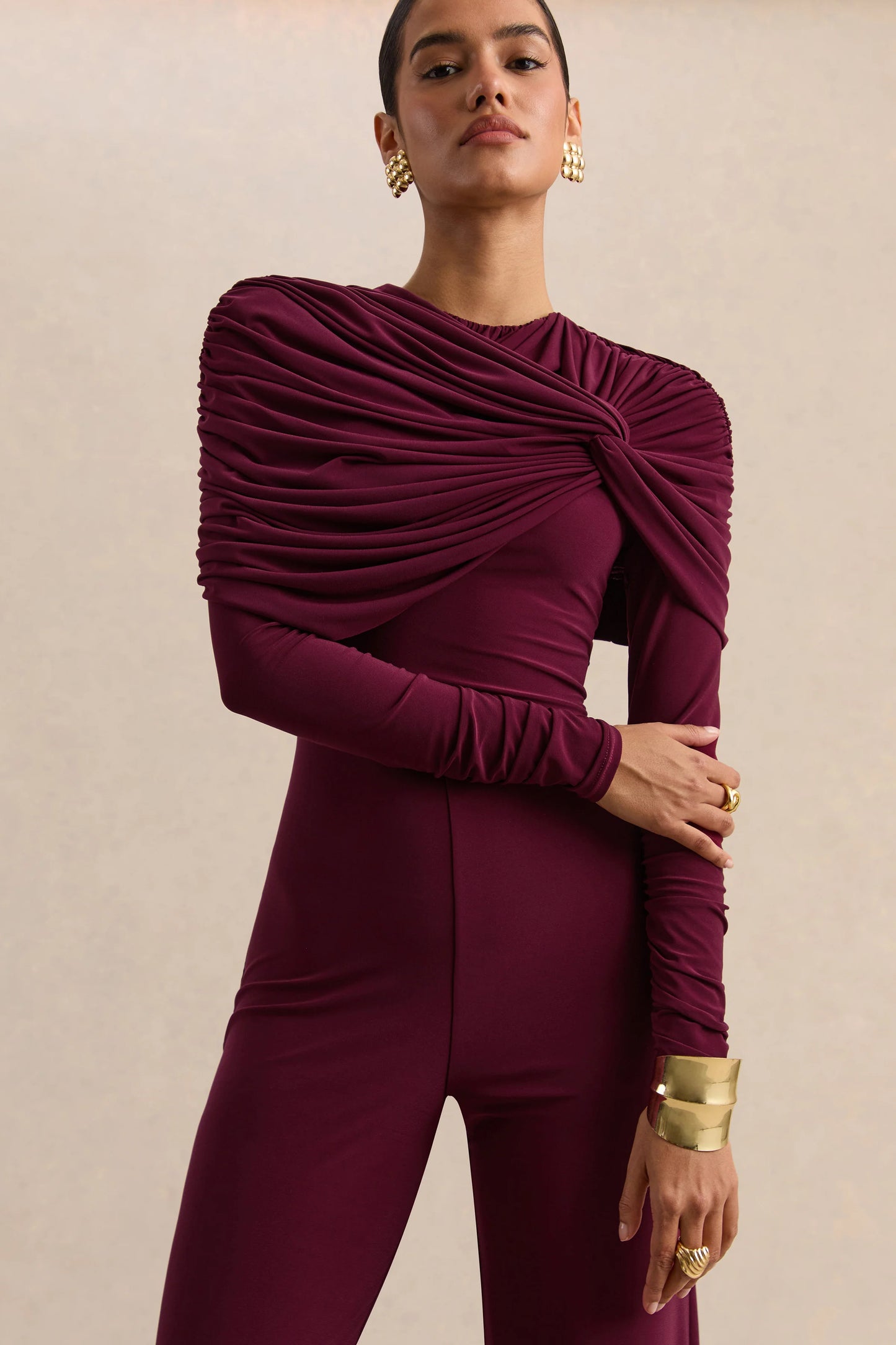 Eloura Burgundy High-Neck Jumpsuit With Twist-Gathered Detail