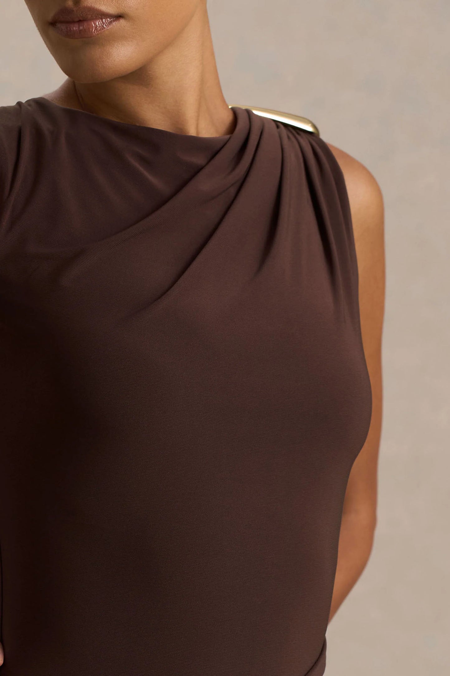 Fiora Brown Wide-Neck Maxi Dress With Gathered Detail