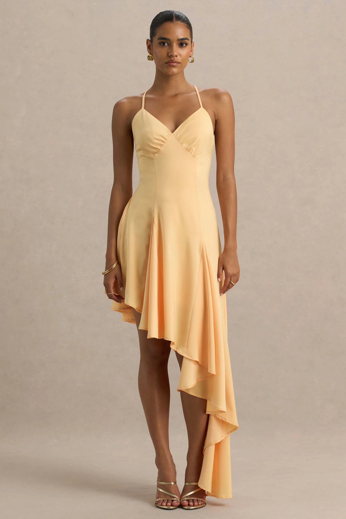 Glint Peach Satin Plunge-Neck Maxi Dress With Asymmetric Hem