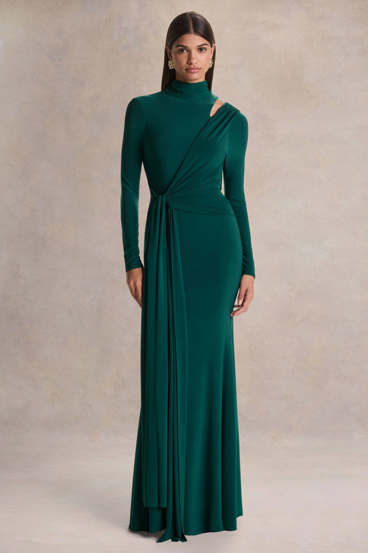 Alastrina Dark Green High-Neck Maxi Dress With Gathered-Detailing