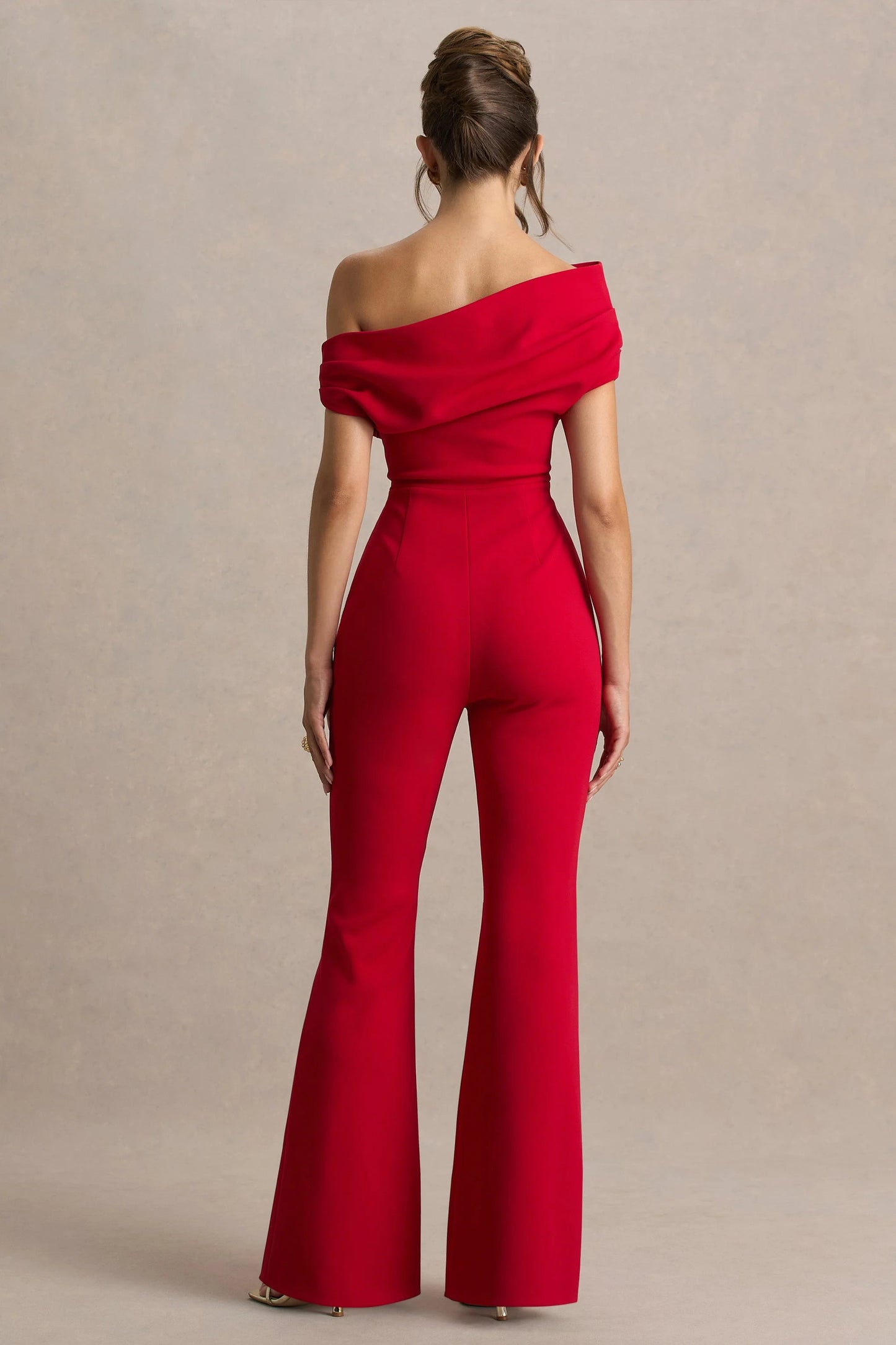 Alexandra Red Asymmetric-Neck Draped Jumpsuit