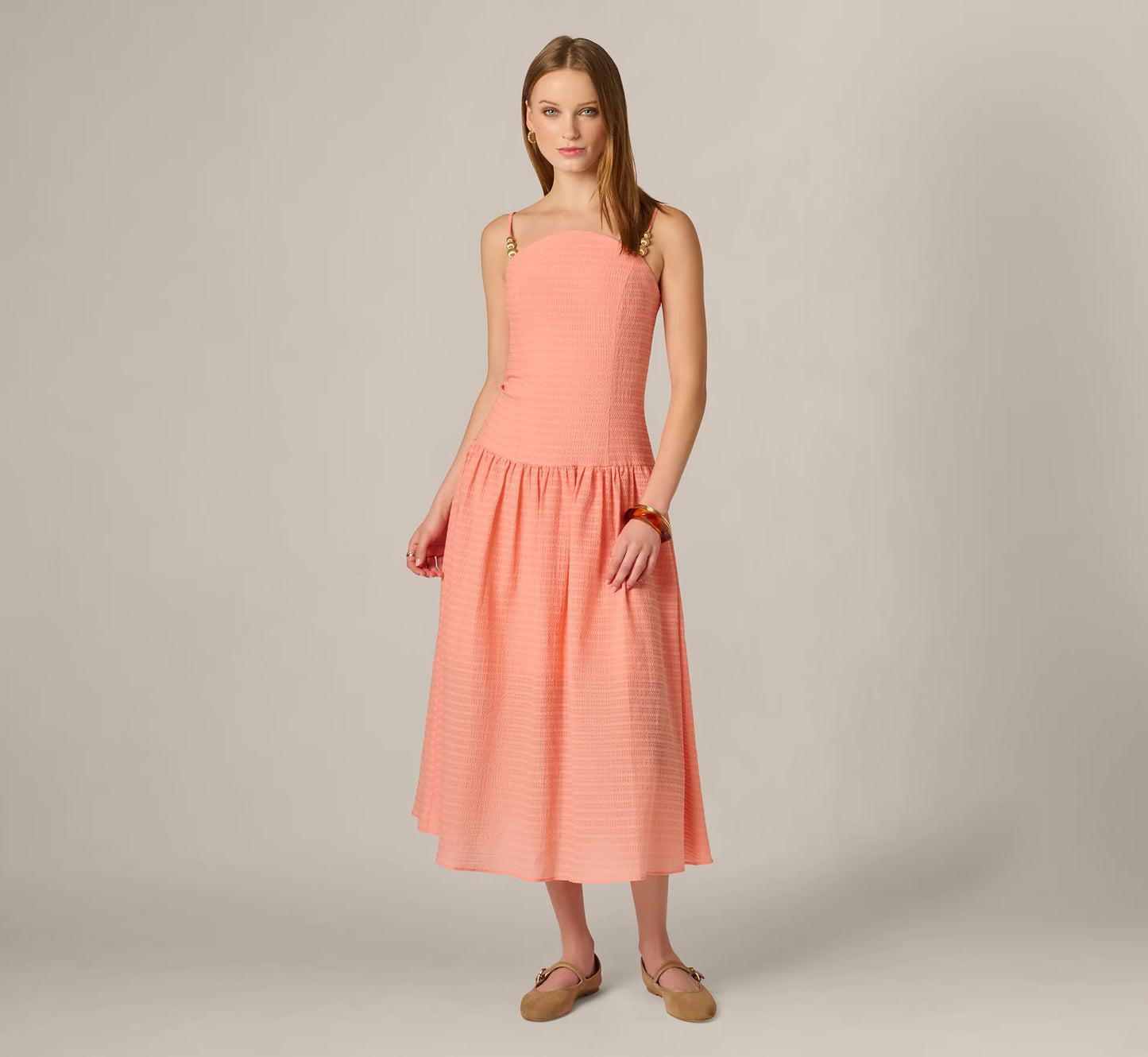Drop Waist Seersucker Beaded Strap Sundress In Coral
