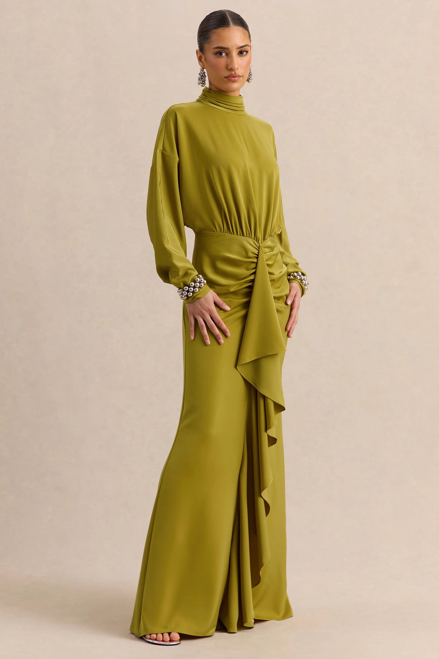 Perla Olive High-Neck Maxi Dress With Gathered-Detailing