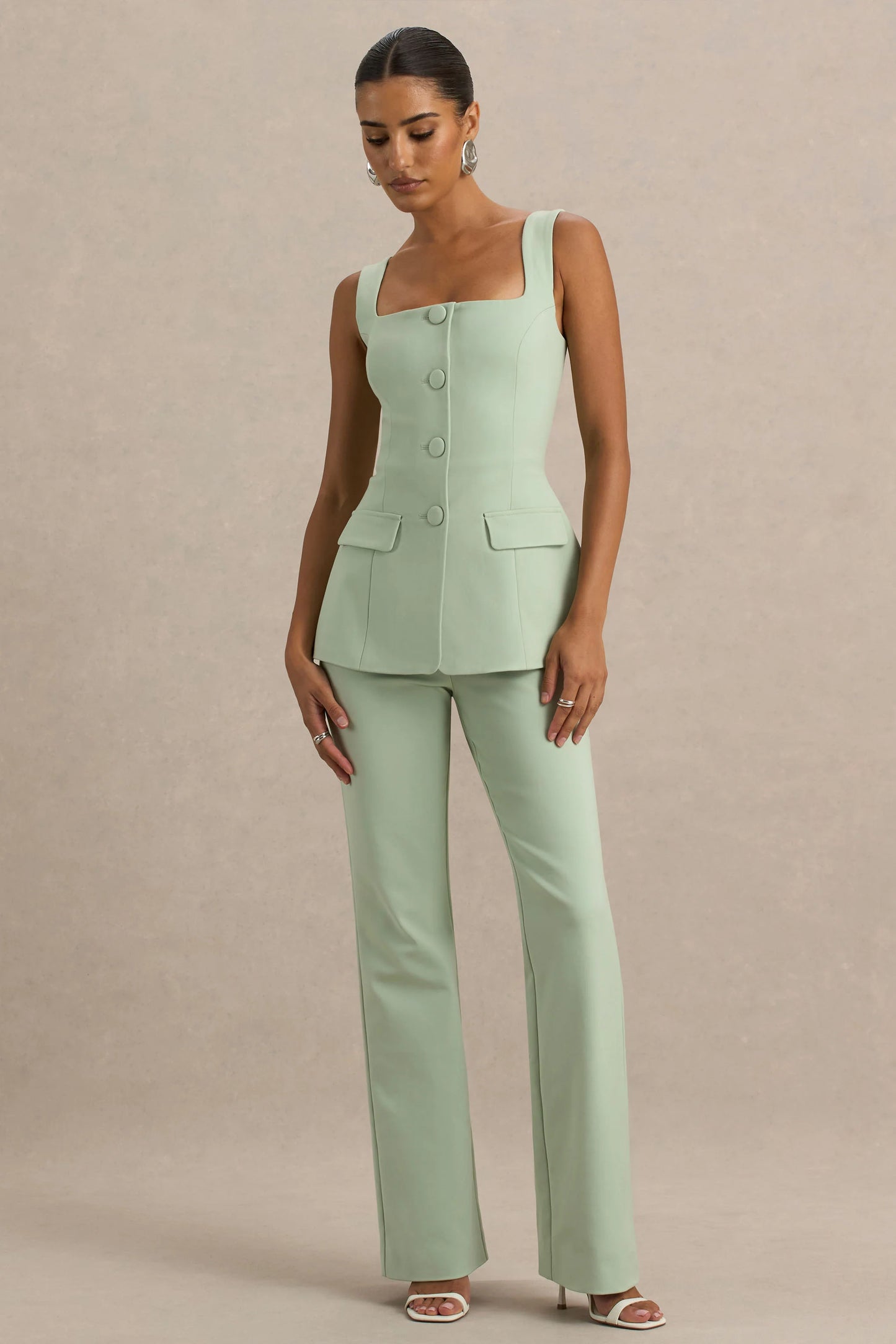 Aceline Light Green Square-Neck Tailored Jumpsuit