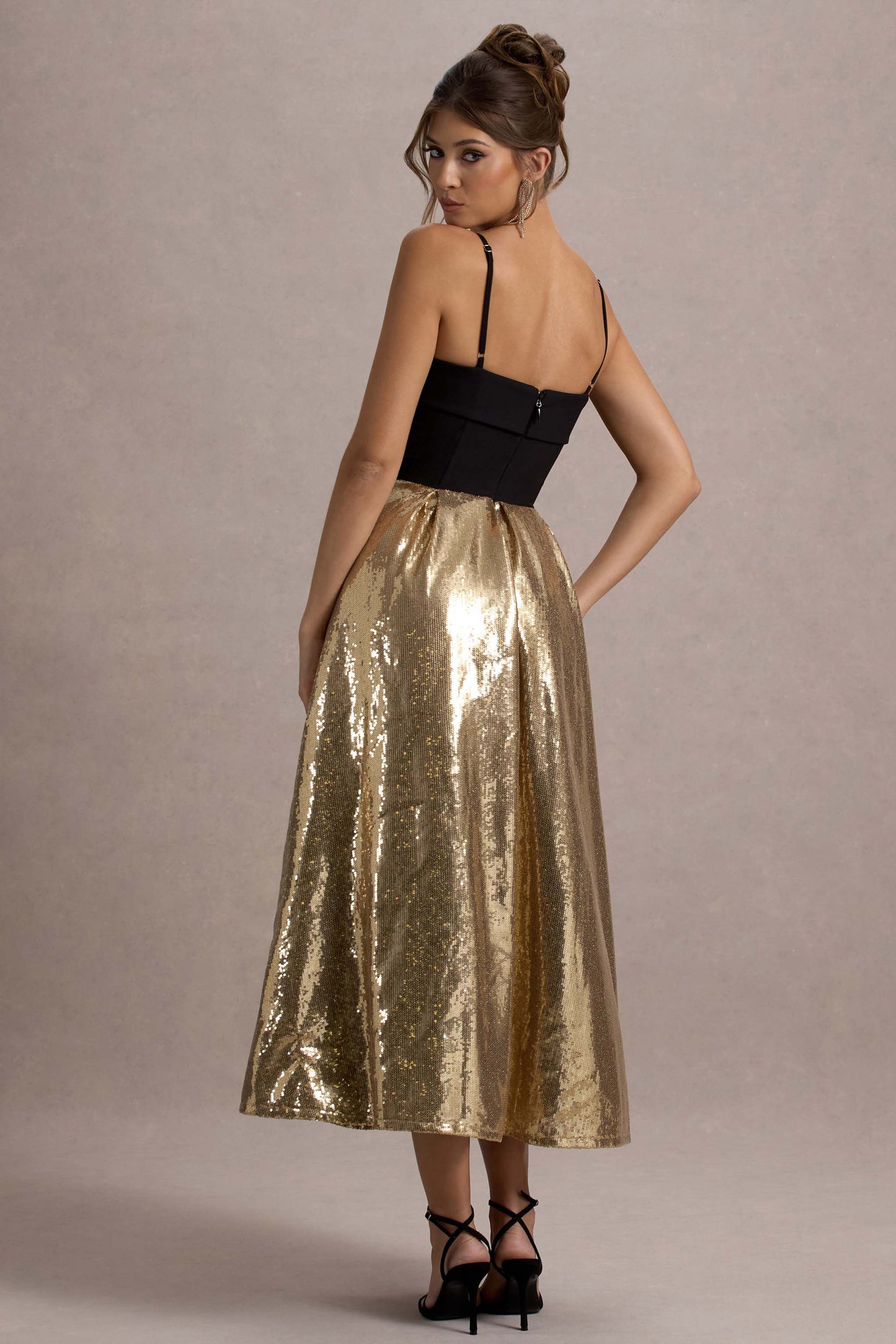 Nicci Black & Gold Strappy Midi Dress With Sequin Skirt