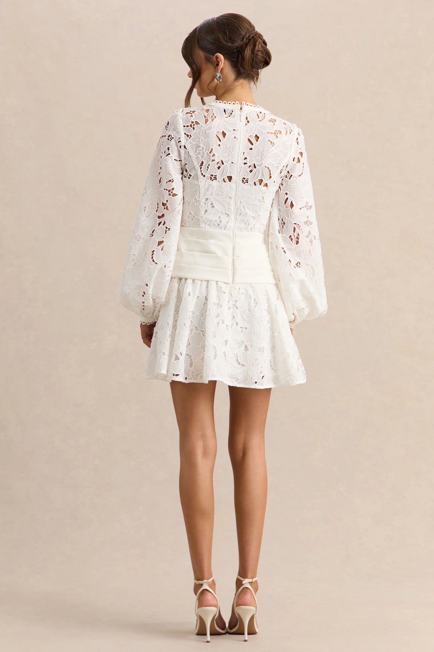 Helena White Crew-Neck Mini Dress With Puff-Sleeves and Pleated Skirt