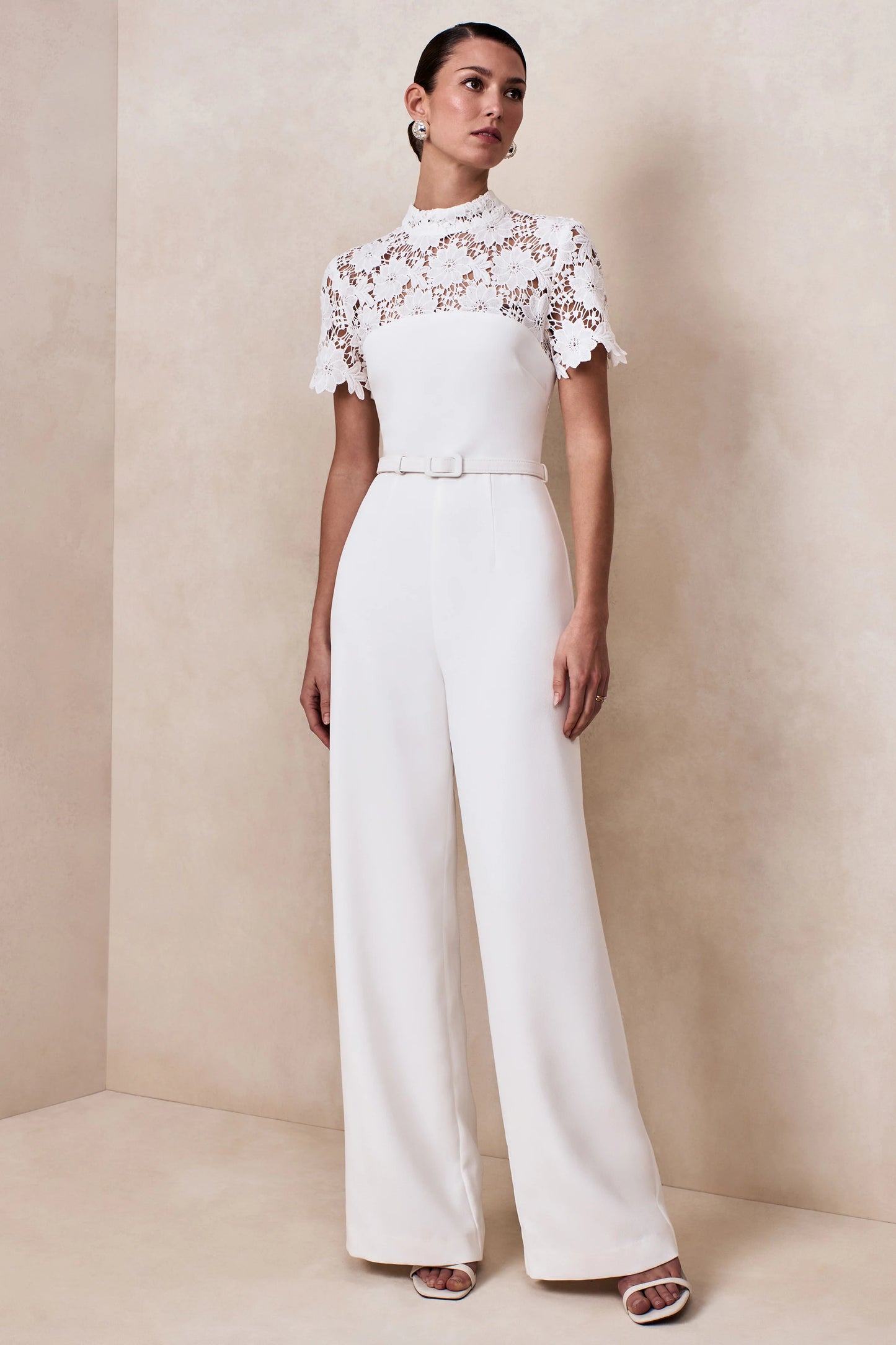 Liliana White High-Neck Jumpsuit With Lace Detailing