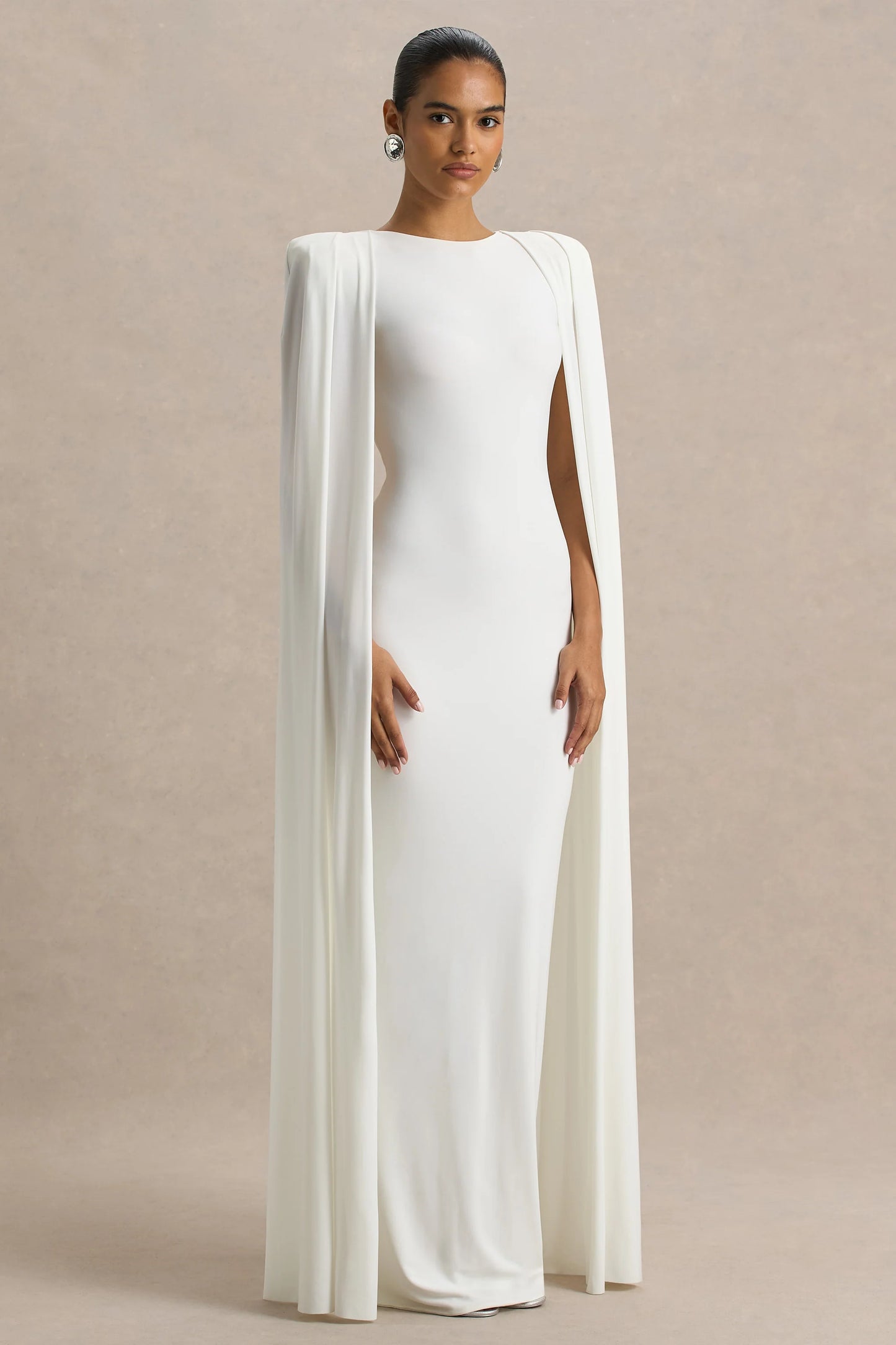 Mimi White Slashed-Neck Maxi Dress With Cape Sleeve Detail