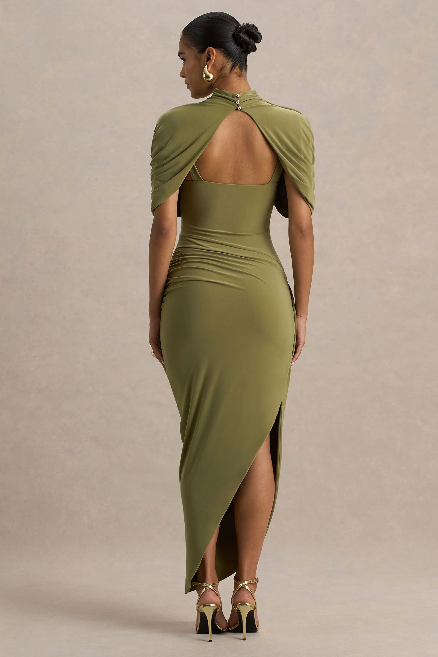 Enchant Olive Asymmetric Twisted Cape Midi Dress