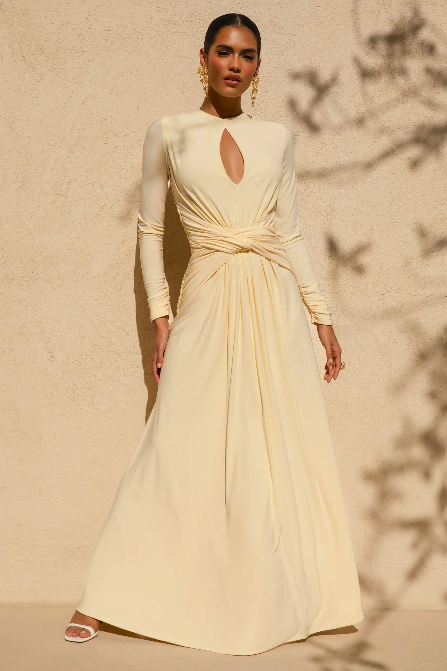 With Me Lemon High-Neck Maxi Dress With Ruched Detailing