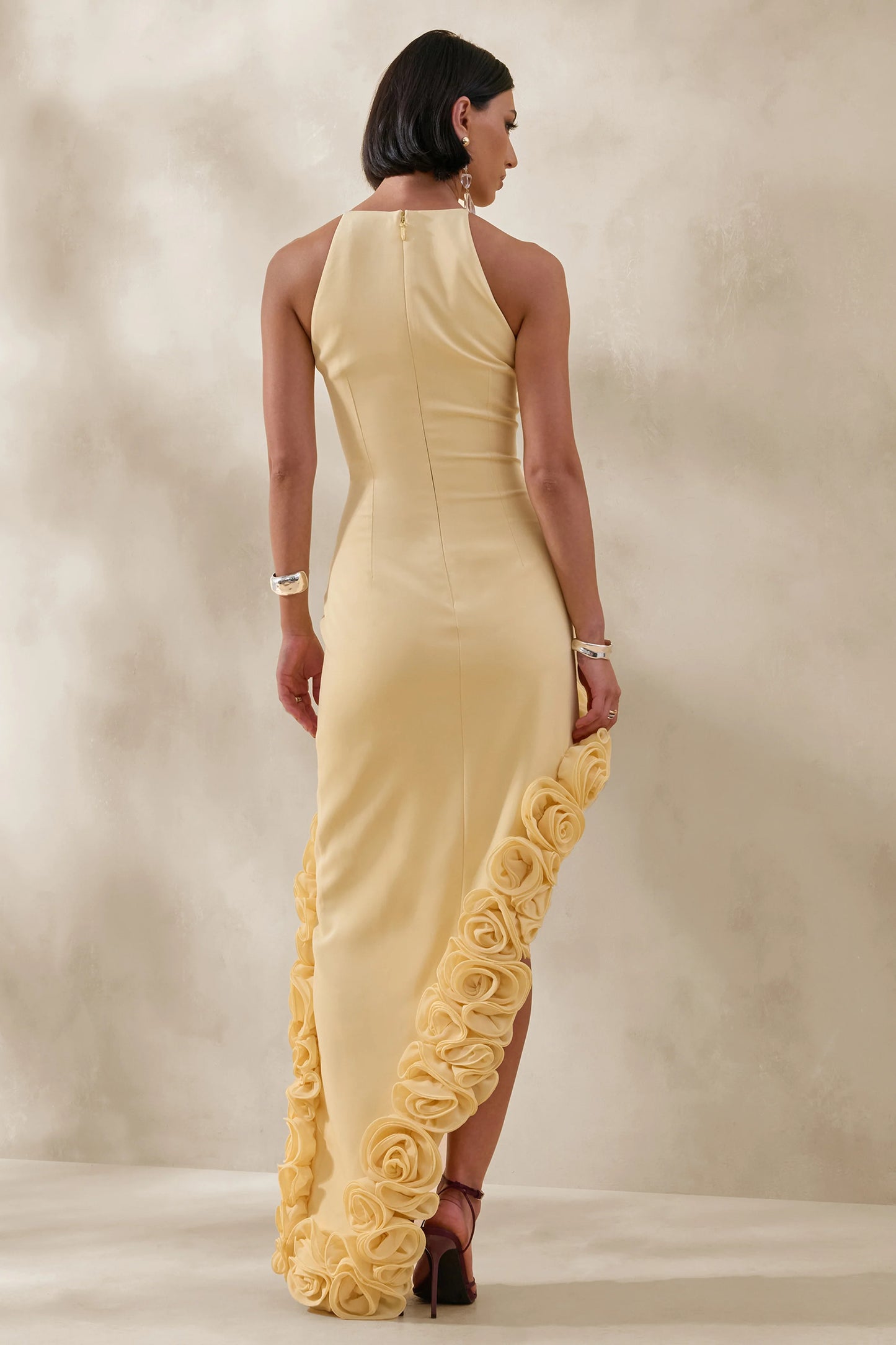 Indira Lemon Halter-Neck Maxi Dress With Asymmetric-Floral Hem