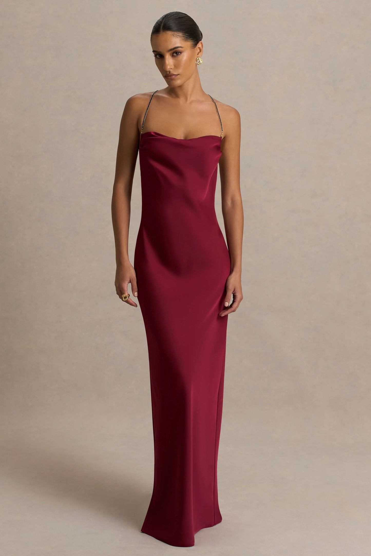 Cher Burgundy Satin Square-Neck Maxi Dress With Embellished-Detailed Open-Back
