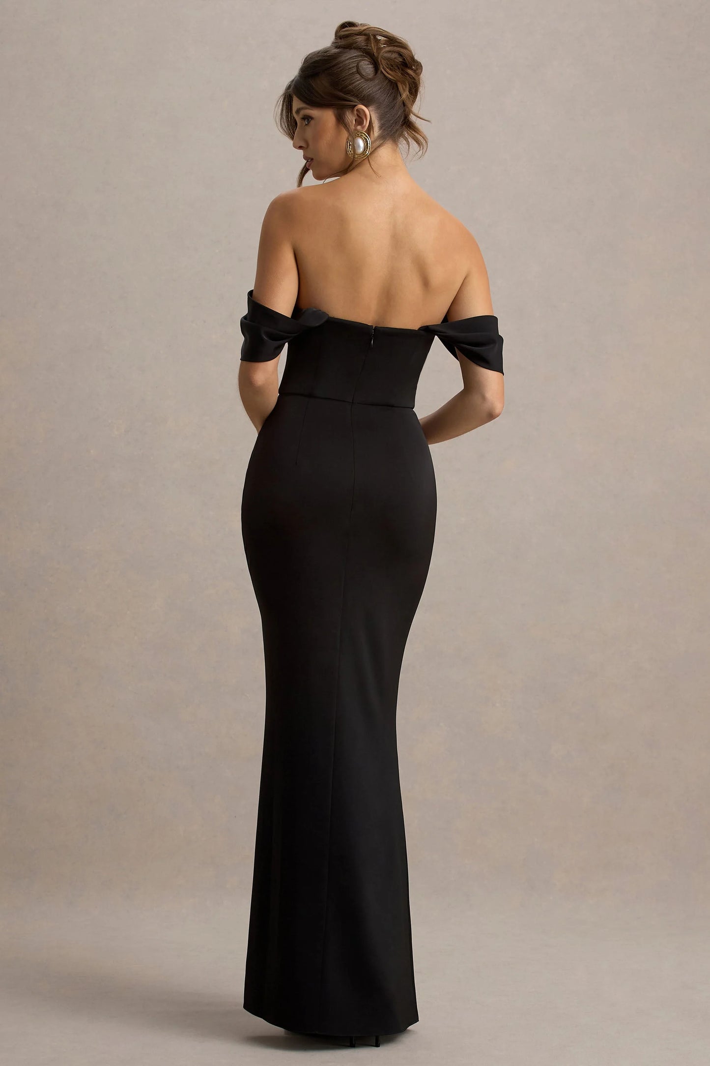 Annie Black Satin Bardot Maxi Dress With Split Wrap Skirt