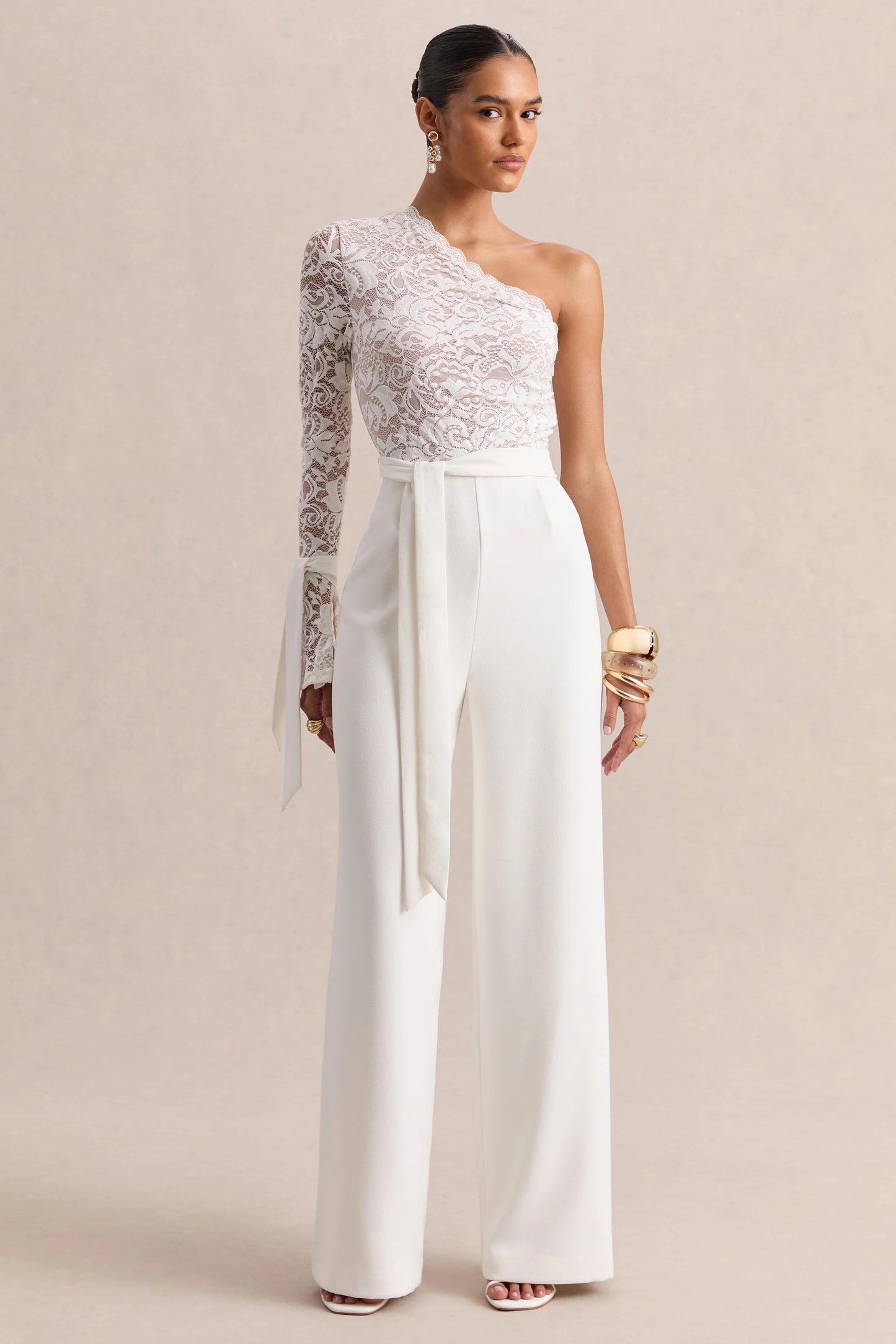 Clarence White Lace Asymmetric-Neck Jumpsuit With Bow-Details