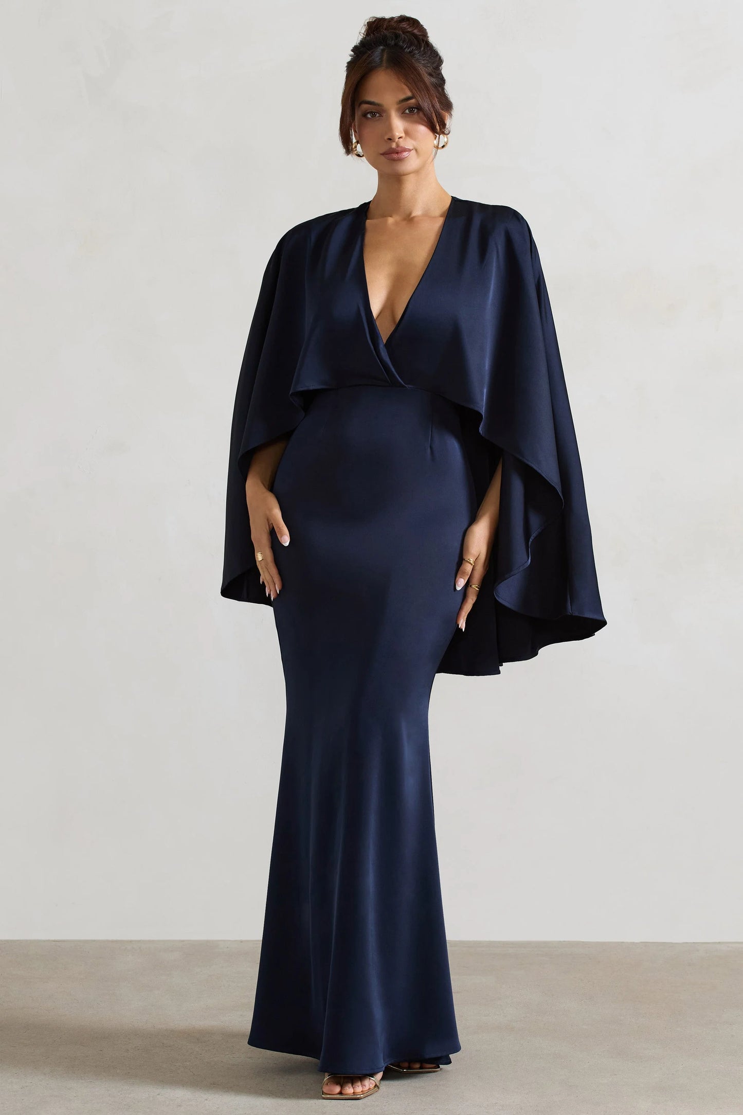 Yasie Navy Satin Plunge-Neck Maxi Dress With Cape Sleeves