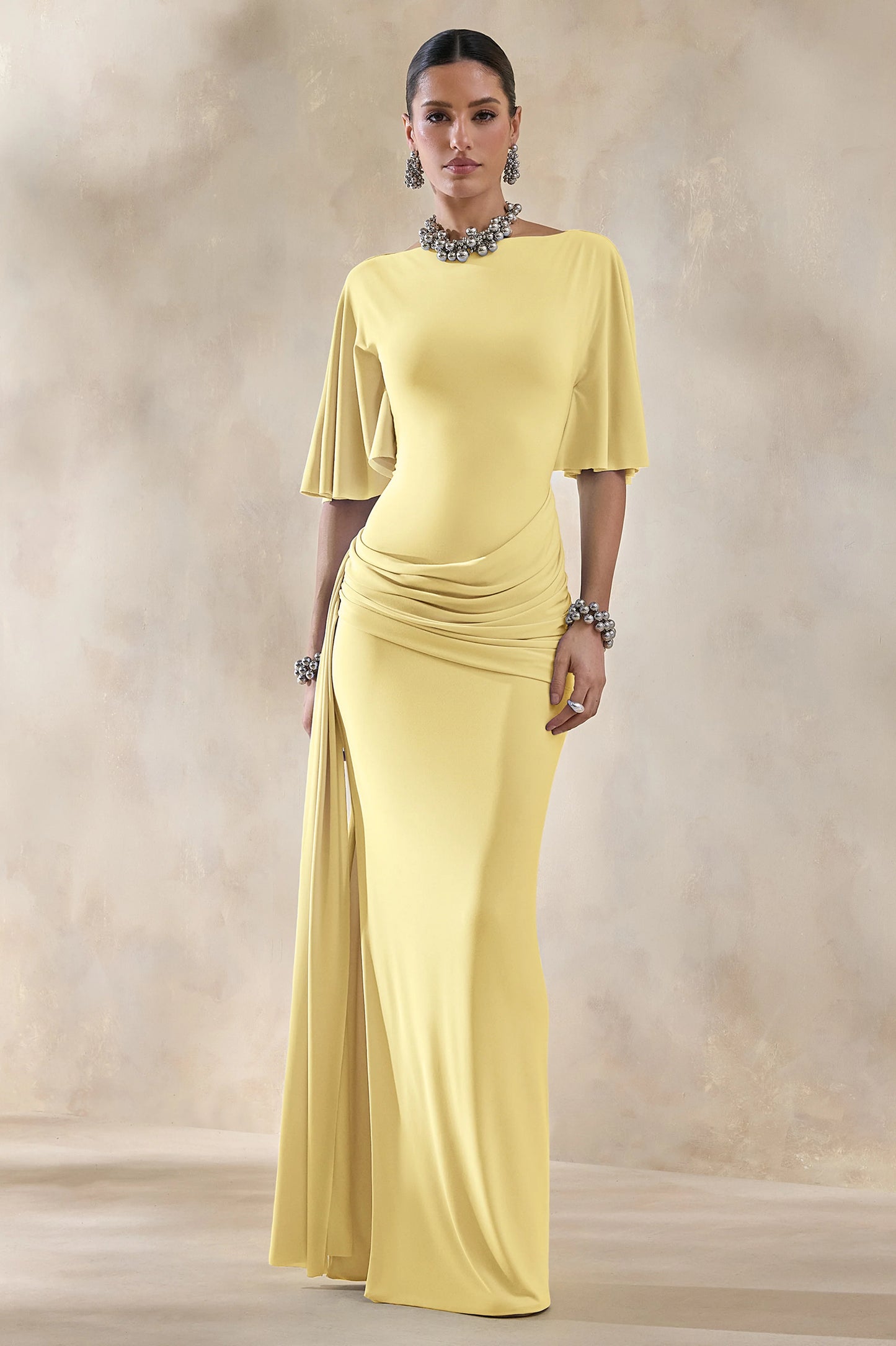 Emerelle Lemon Wide-Neck Maxi Dress With Sash And Draped-Detailing