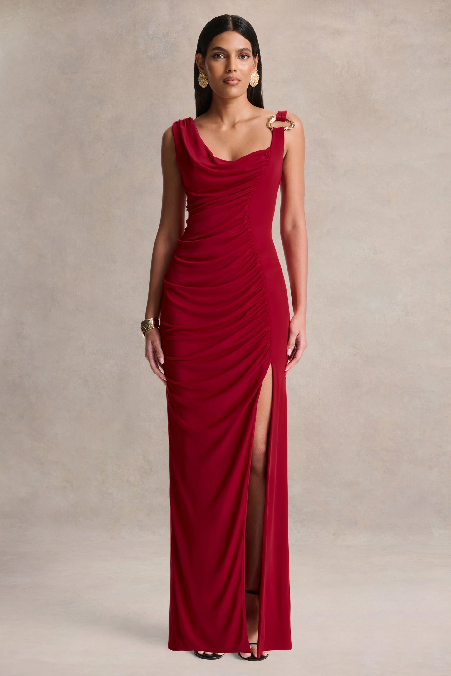 Vesperelle Red Scoop-Neck Maxi Dress With Gathered-Detailing