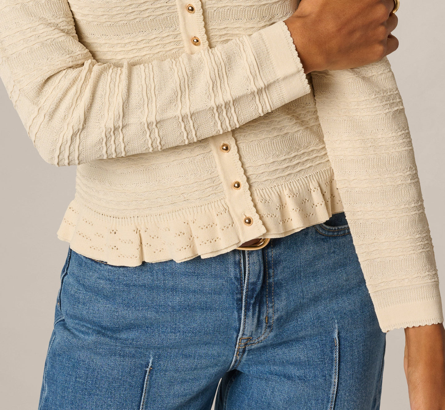 Ruffle Hem Cable Knit Cardigan Sweater In Cream