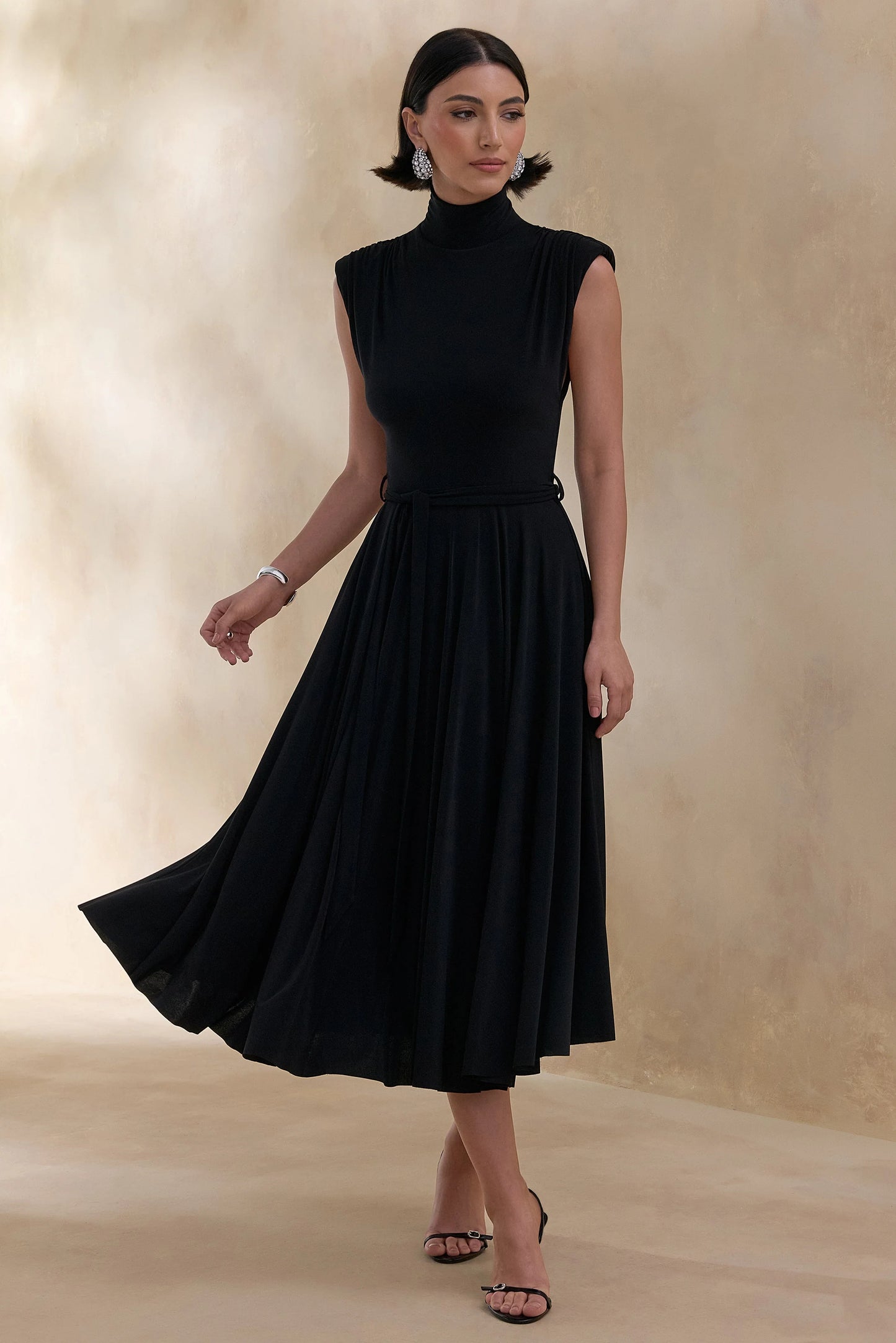 Roselena Black High-Neck Midi Dress