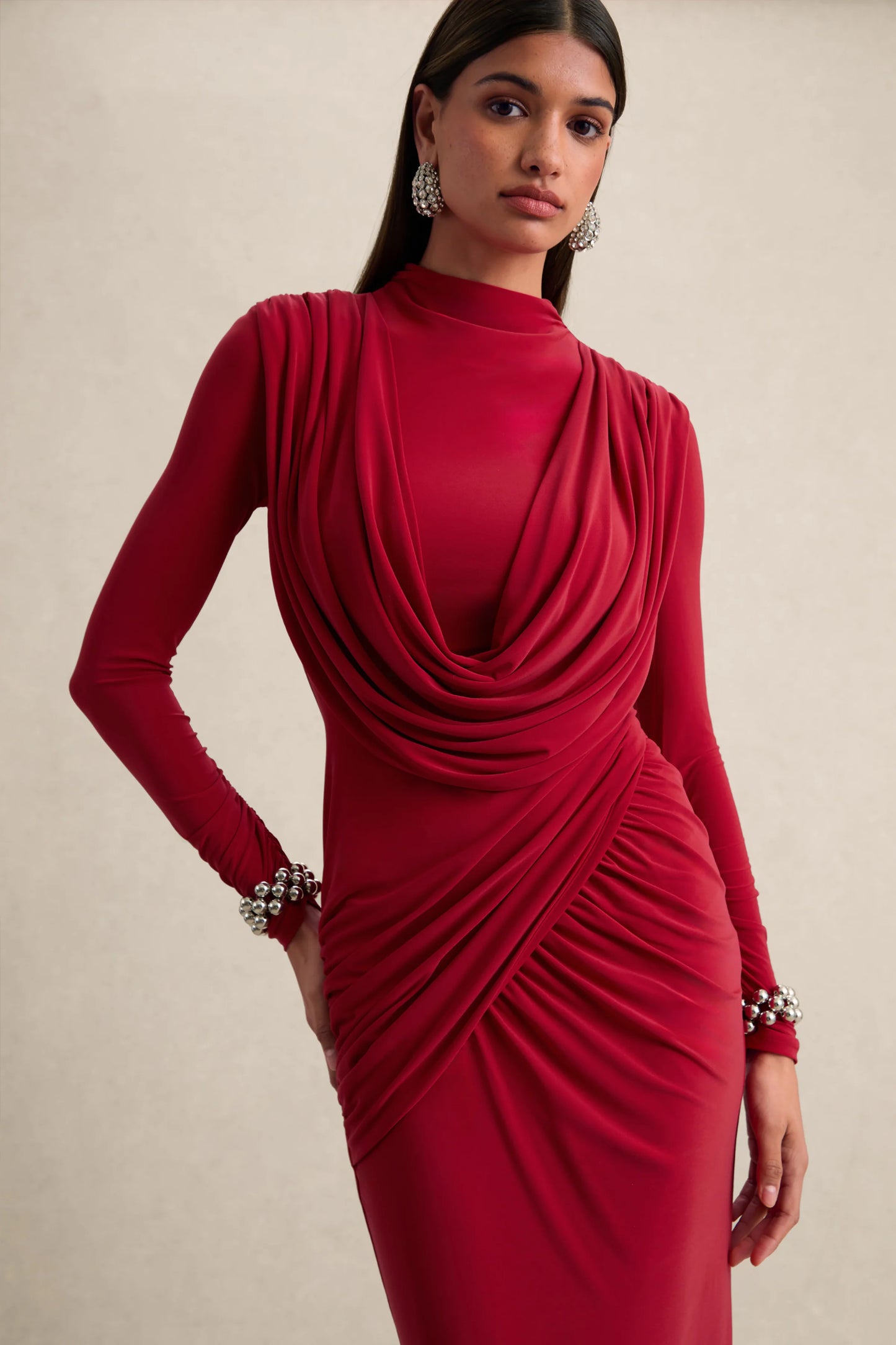 Karinthia Red High-Neck Maxi Dress With Draped-Detailing