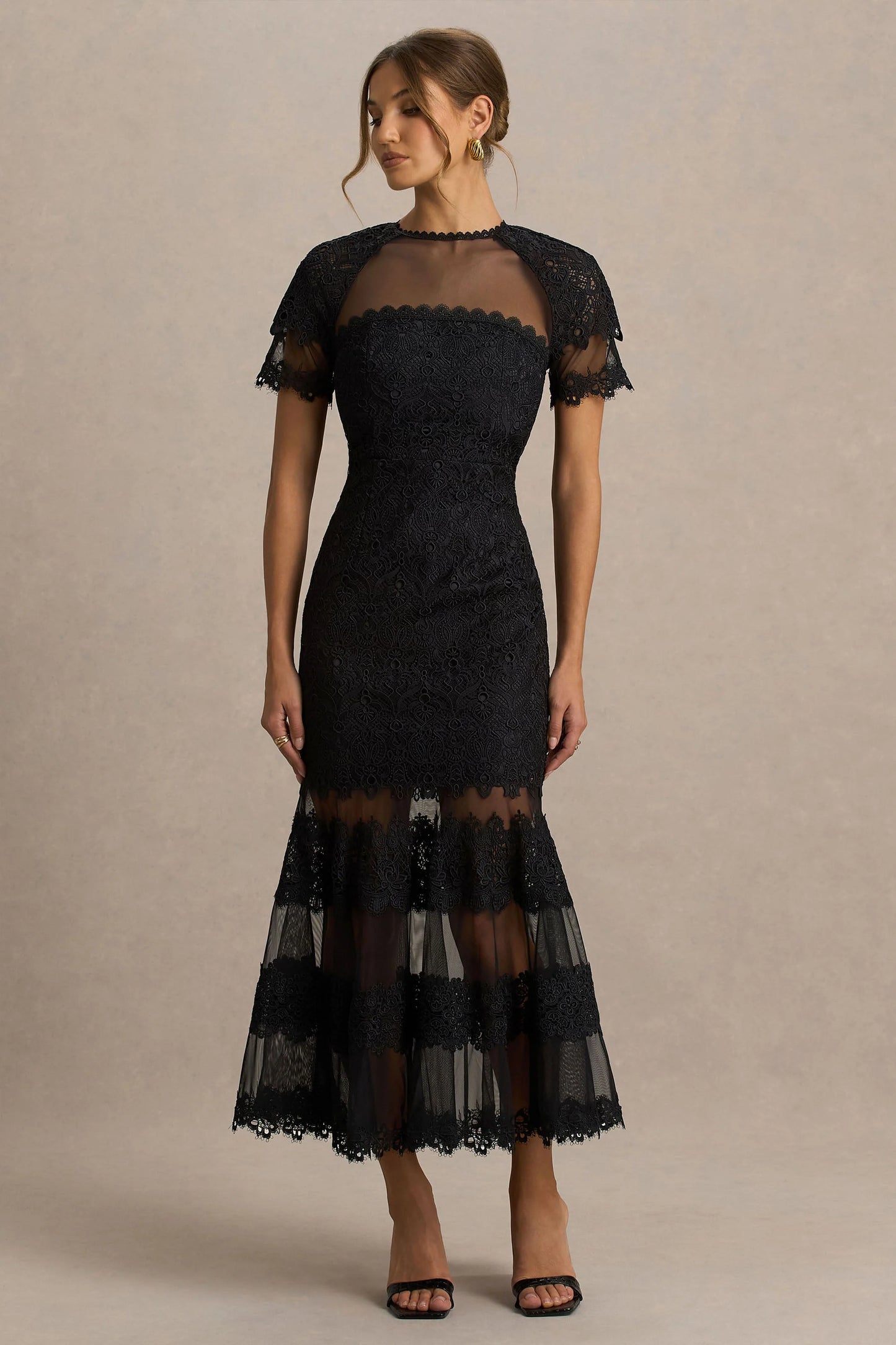 Leanne Black Mesh And Lace Crew-Neck Fishtail Midi Dress