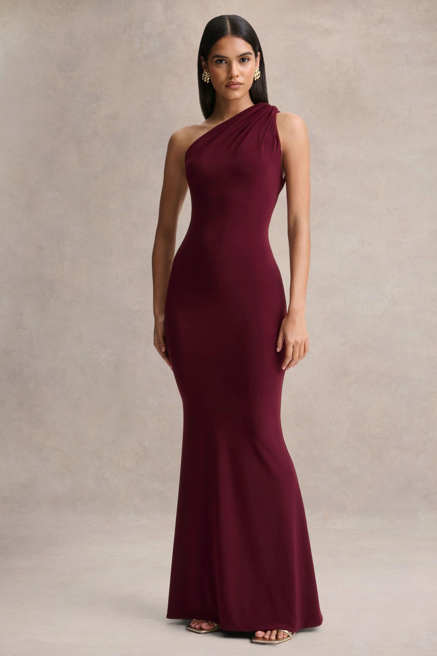 Ottilie Burgundy Asymmetric-Neck Maxi Dress