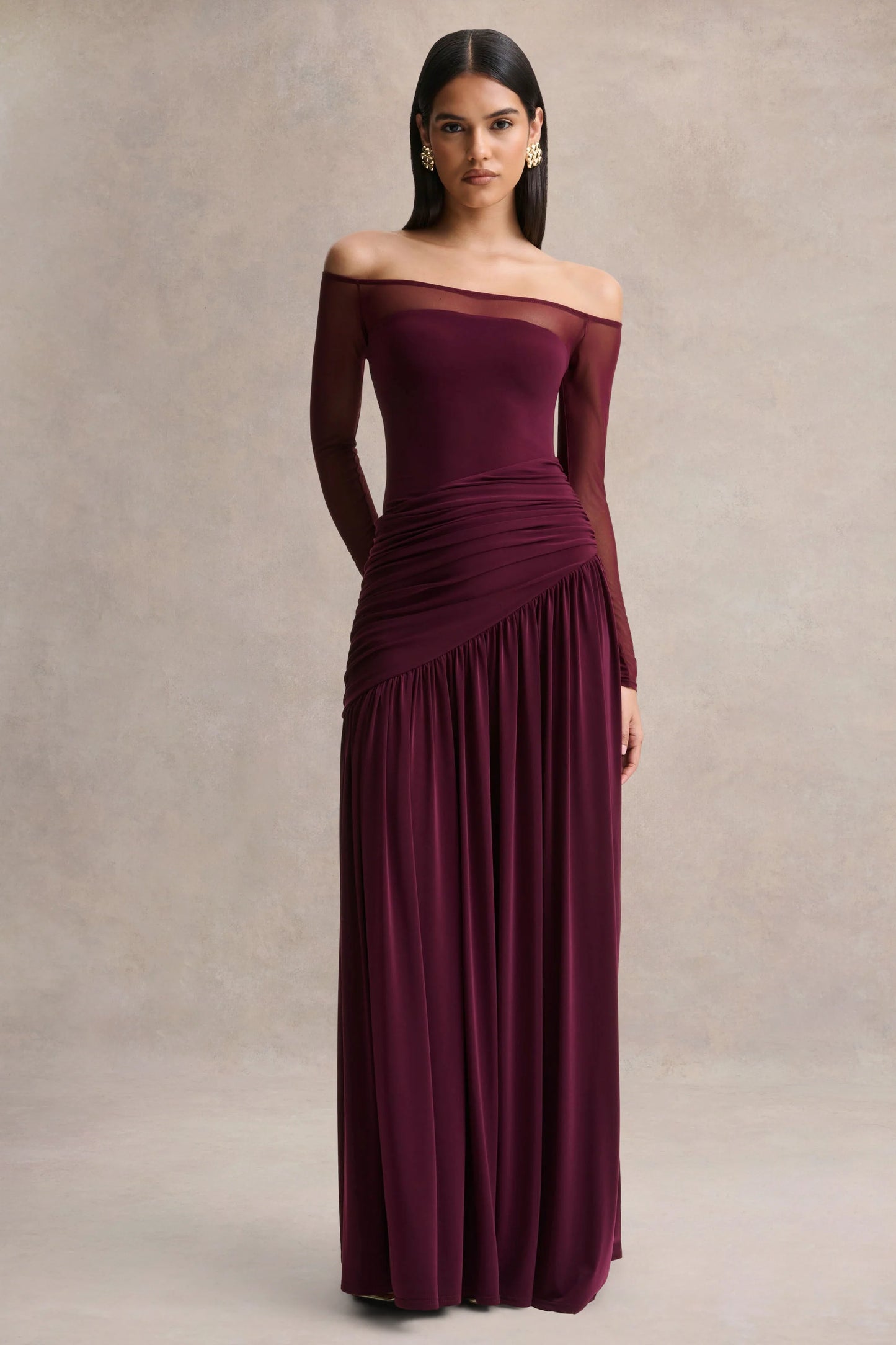 Luminary Dark Plum Bardot-Neck Maxi Dress With Mesh Sleeves