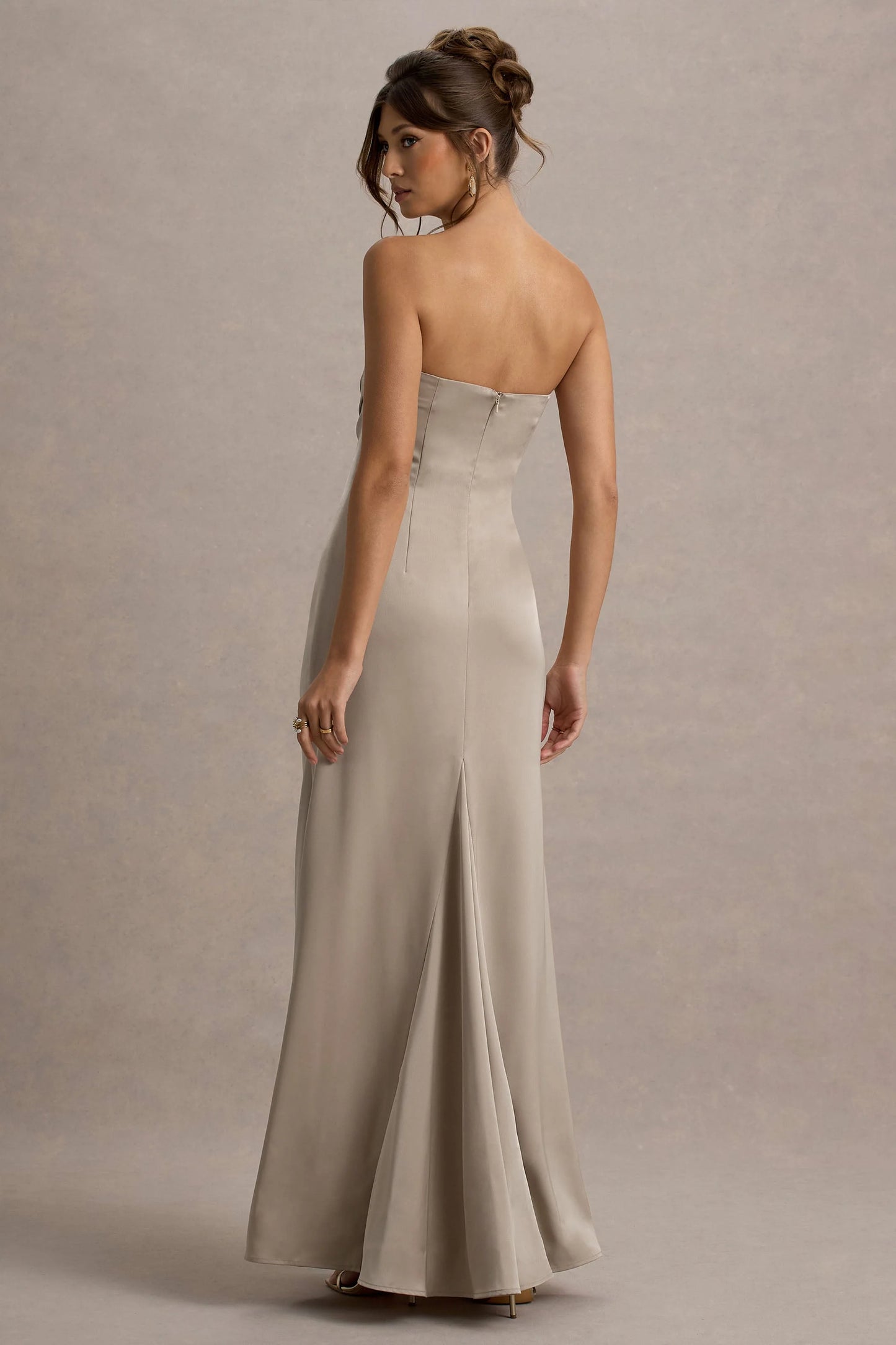 Mackenzie Champagne Satin Plunge-Neck Draped Maxi Dress