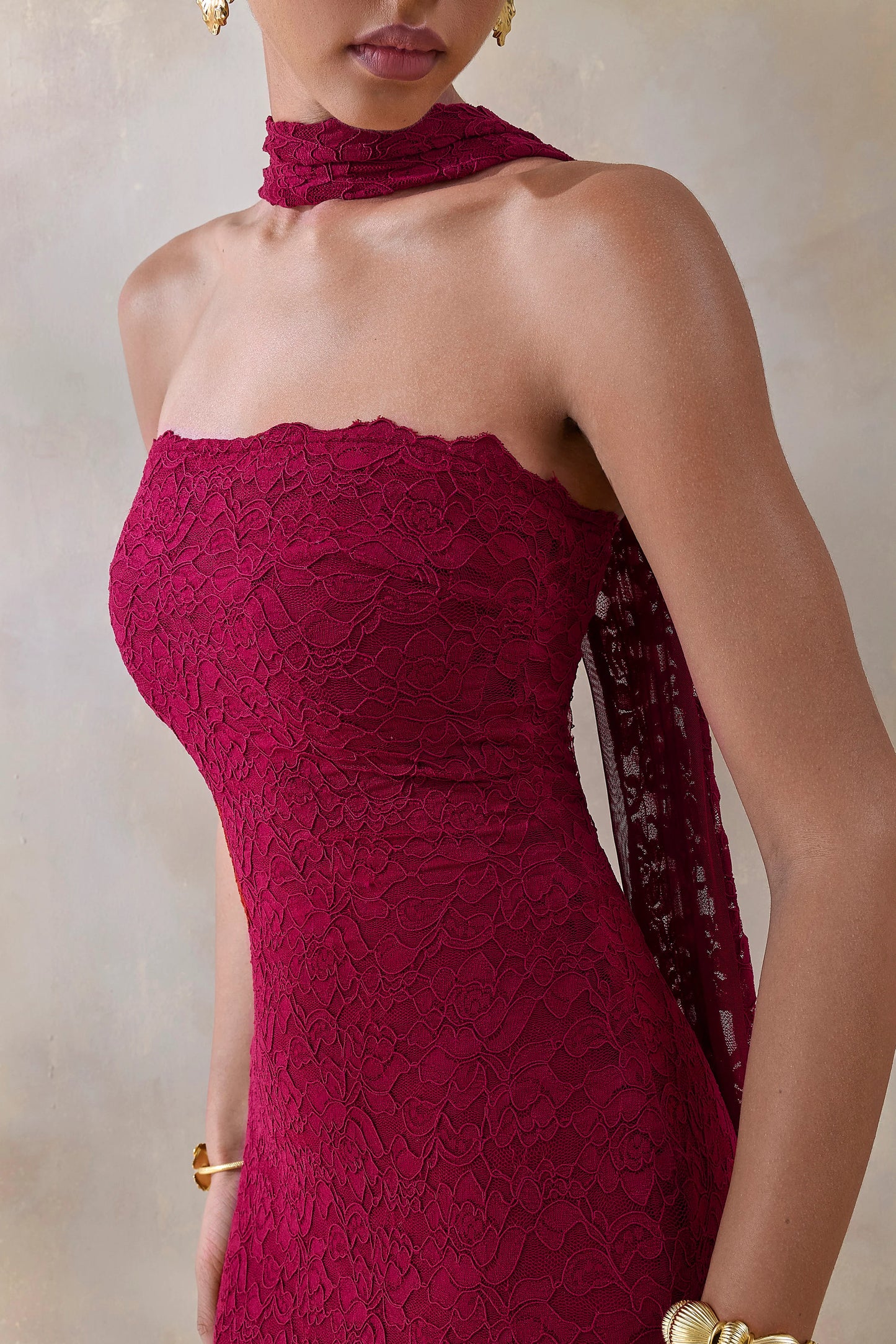 Rosaria Burgundy Lace Bandeau Midi Dress With Scarf-Detail