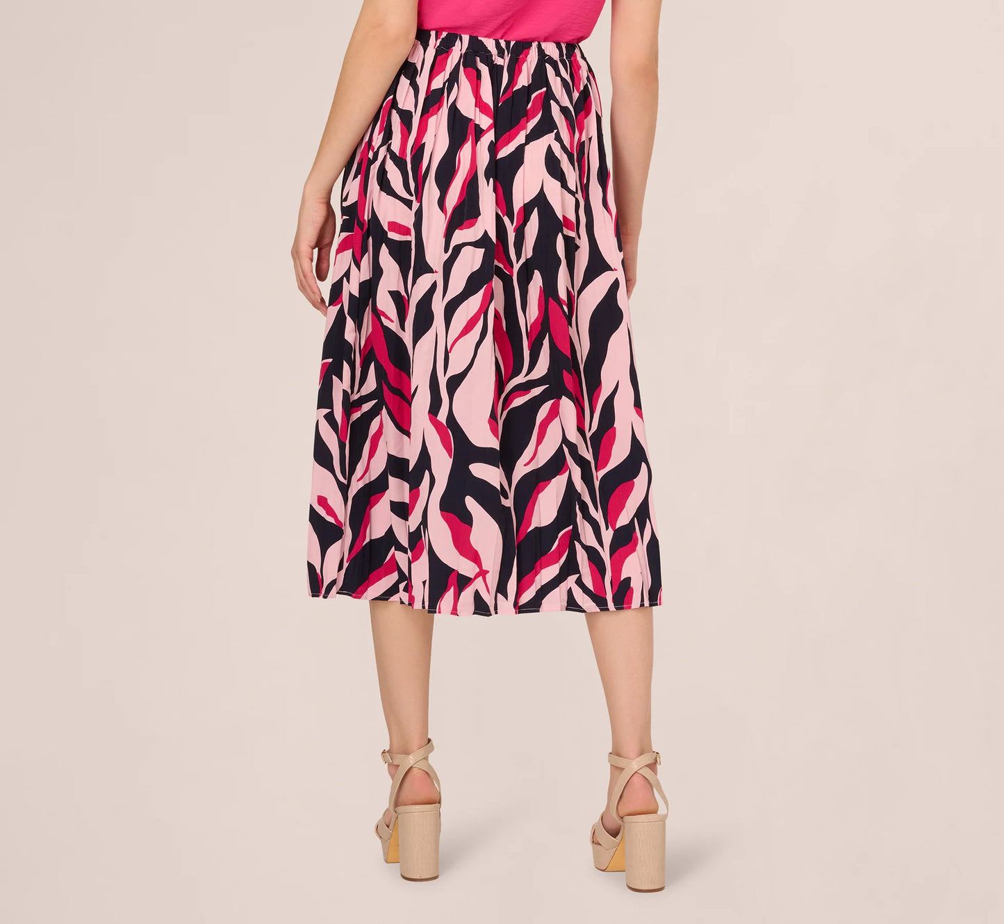 Leaf Print A Line Midi Skirt In Navy Leaf Vine