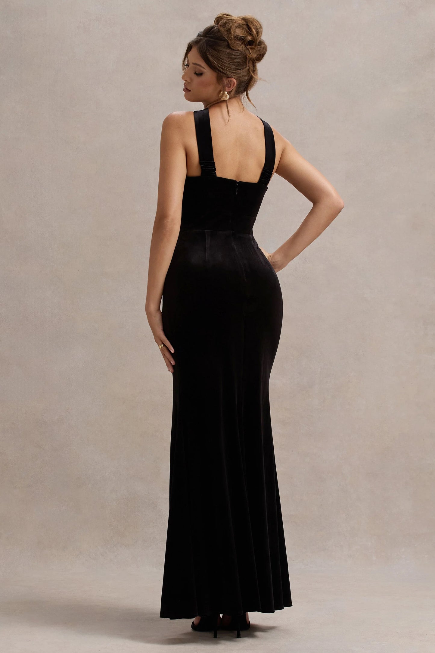 Mystery Black Velvet Plunge Halter-Neck Split Maxi Dress With Bow