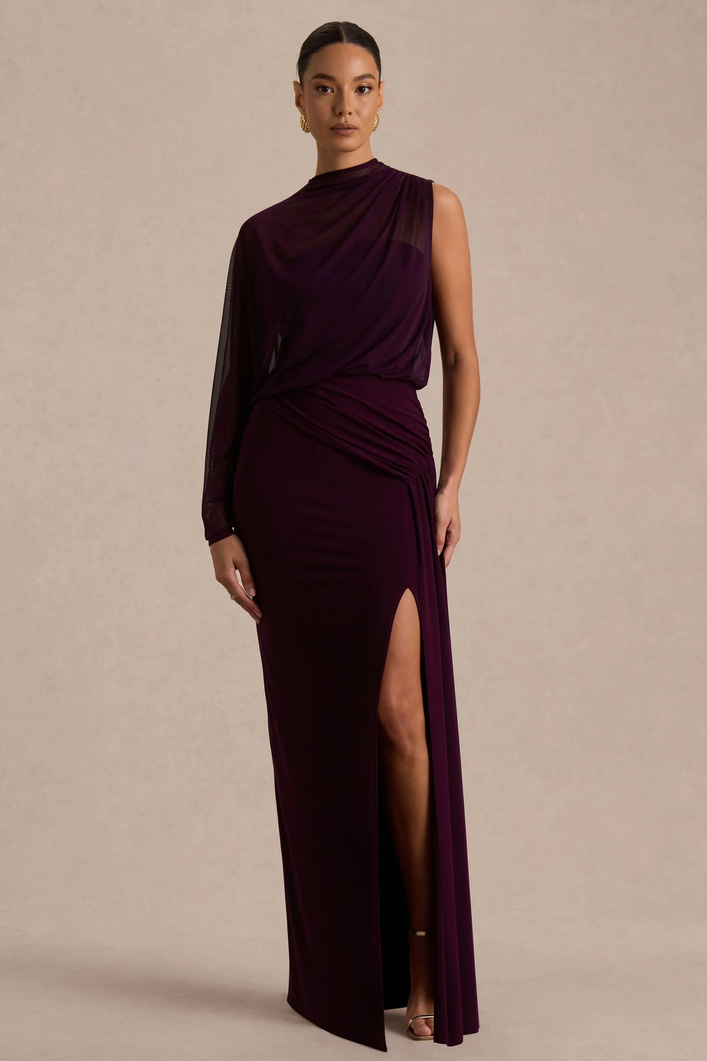 Aurelia Dark Plum High-Neck Wrapped Maxi Dress With One-Cape Sleeve