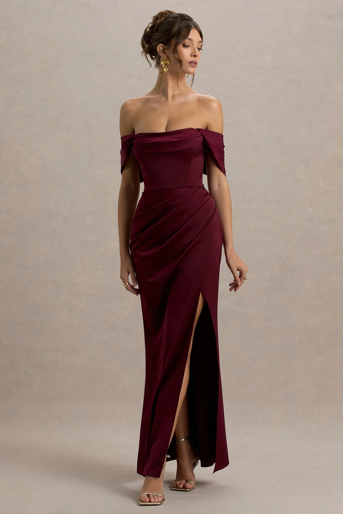 Annie Burgundy Satin Bardot Maxi Dress With Split Wrap Skirt