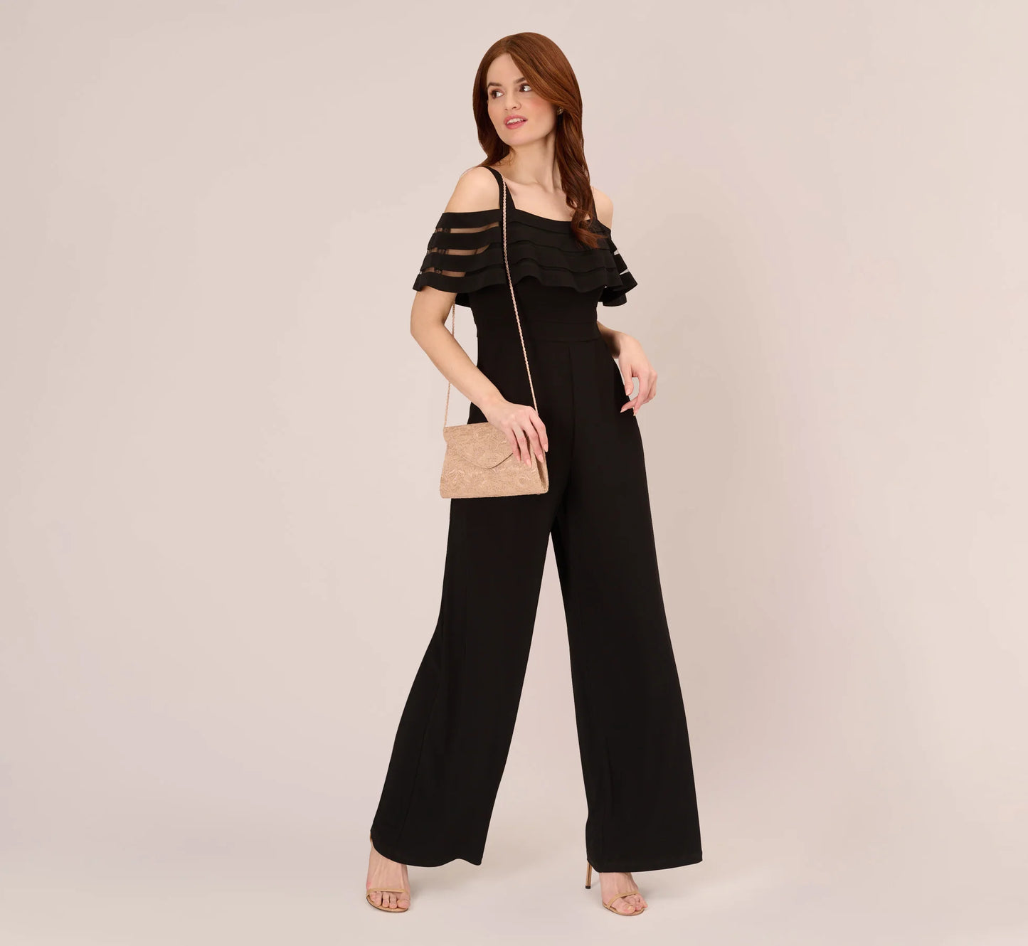 Jersey Banded Ruffled Jumpsuit With Cold Shoulder In Black