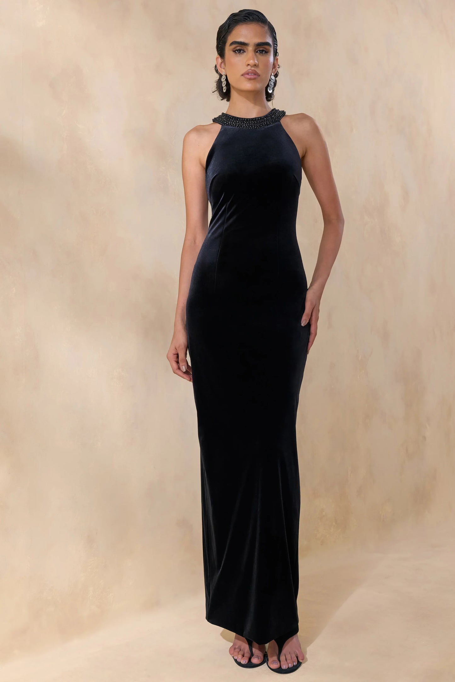 Darya Black Velvet Embellished High-Neck Maxi Dress