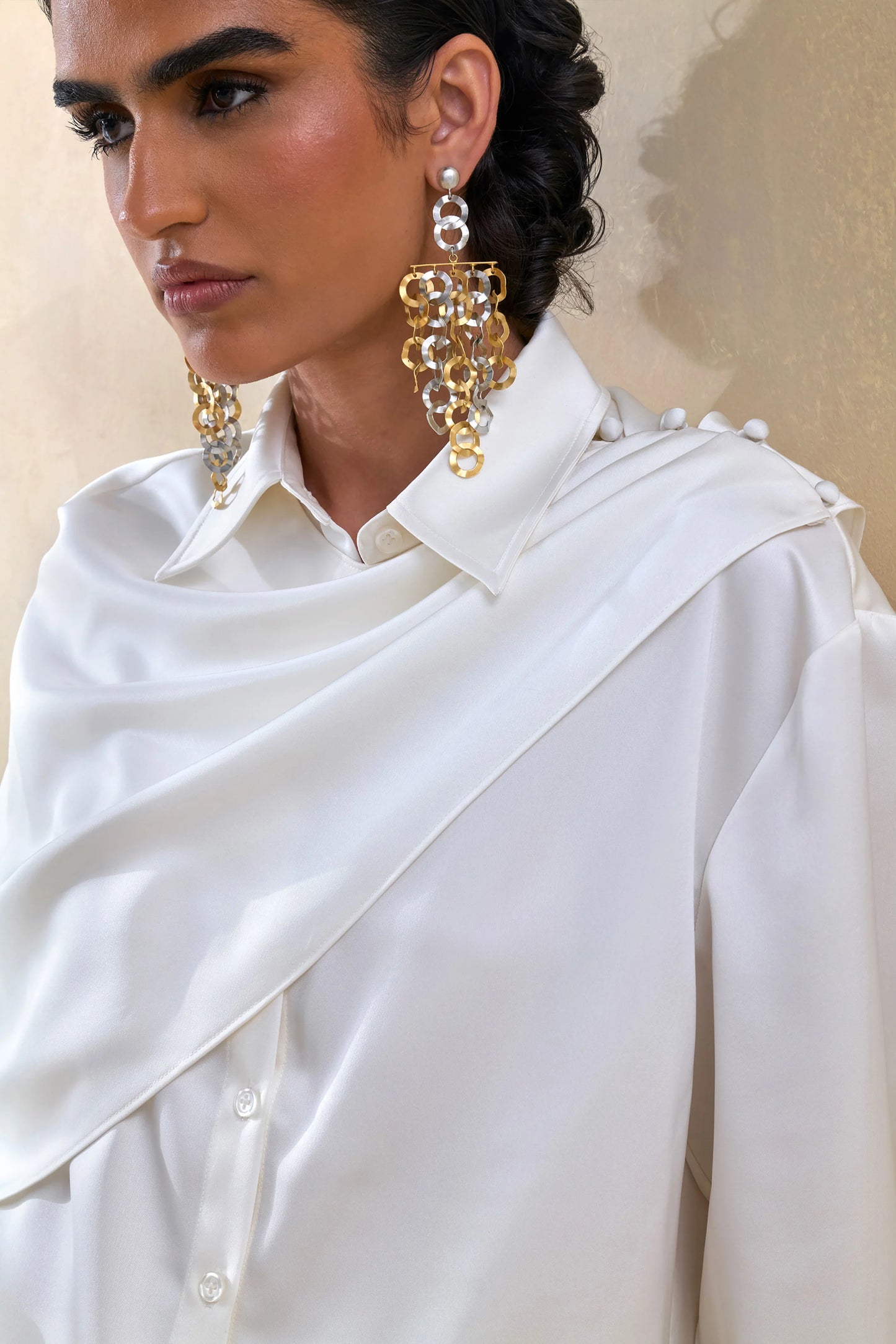Serenza Cream Satin Collared-Shirt With Cape-Detail